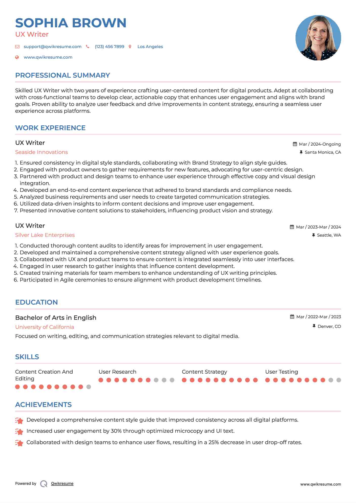 UX Writer Resume Template