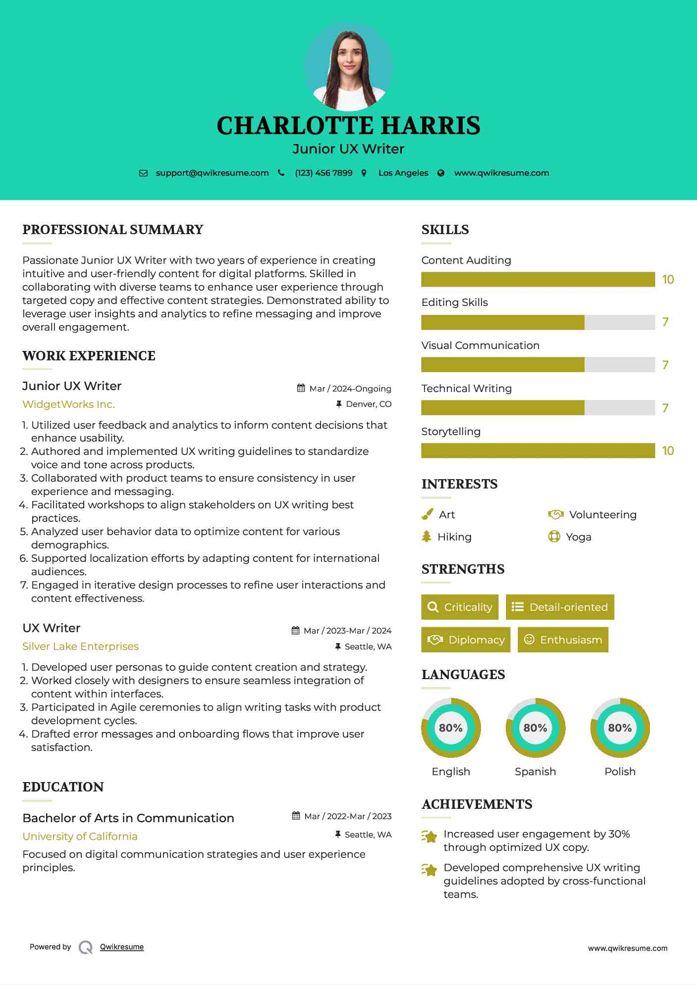 Junior UX Writer Resume Sample