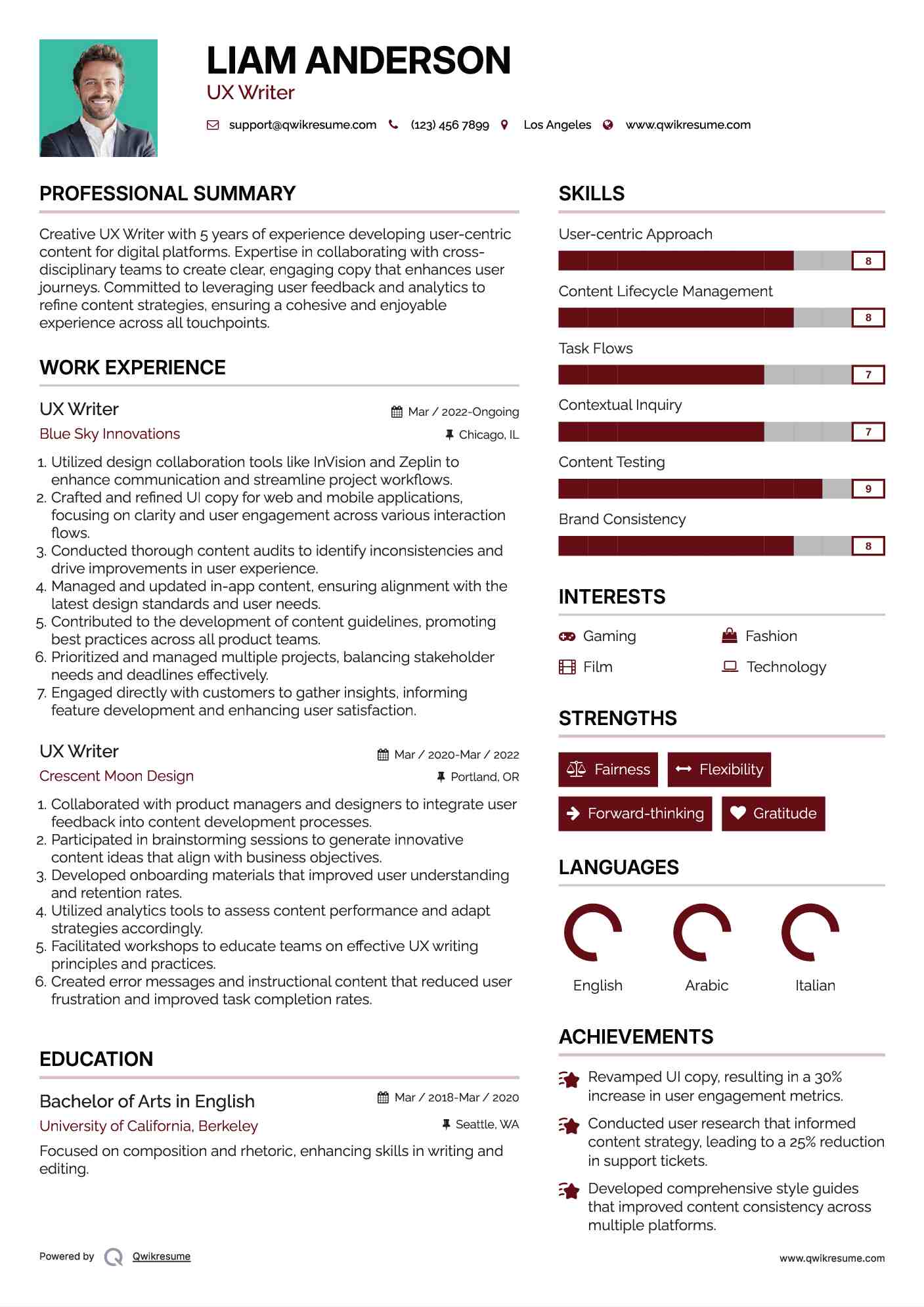 UX Writer Resume Example