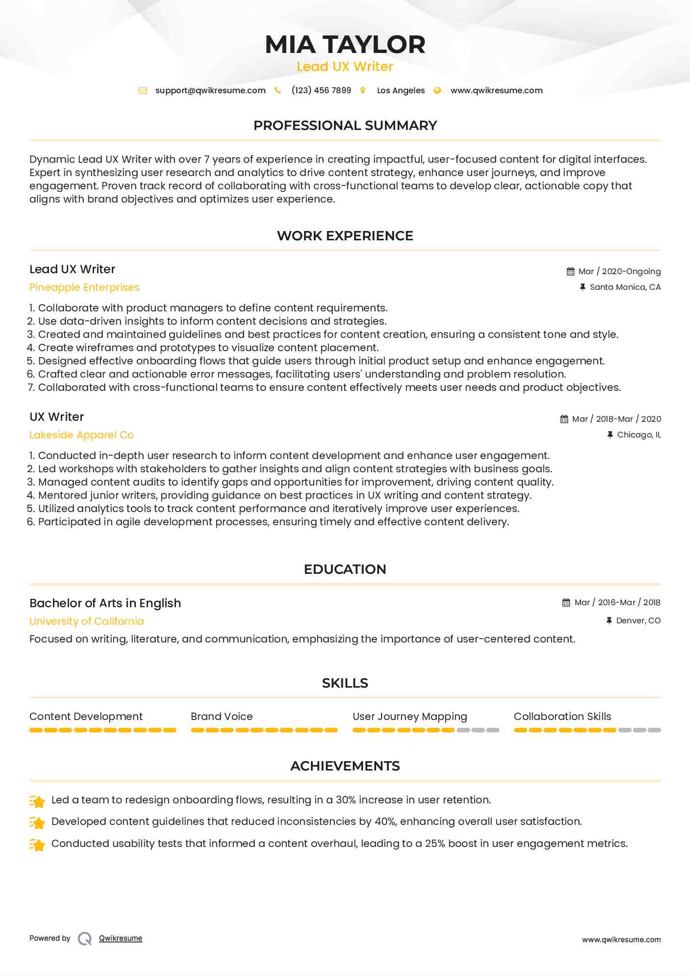 Lead UX Writer Resume Model