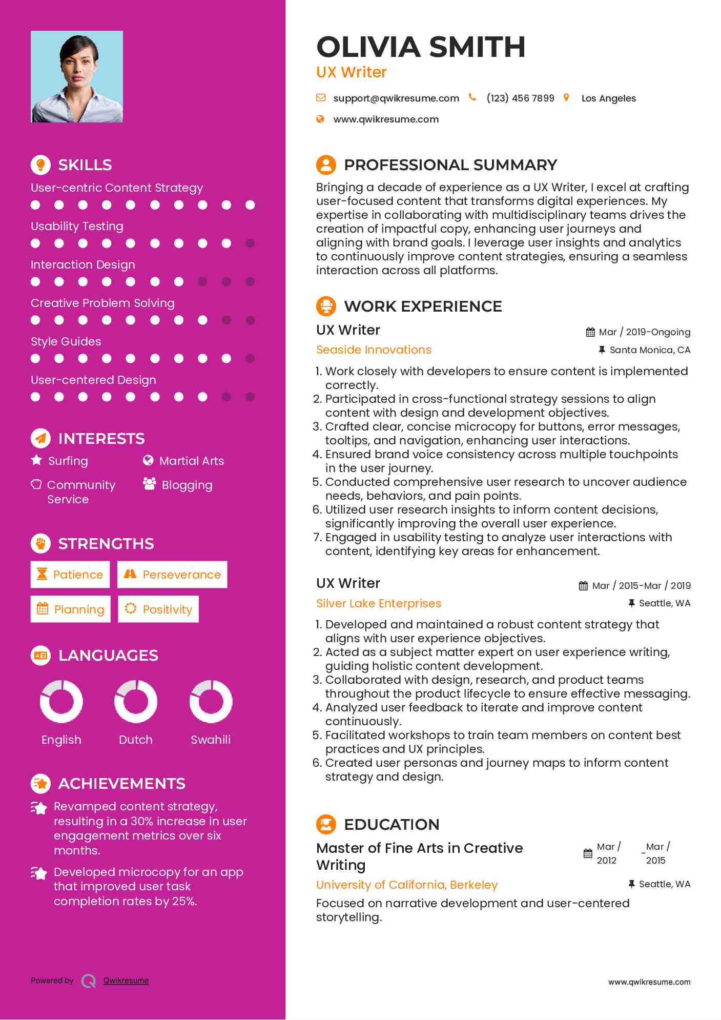 UX Writer Resume Format