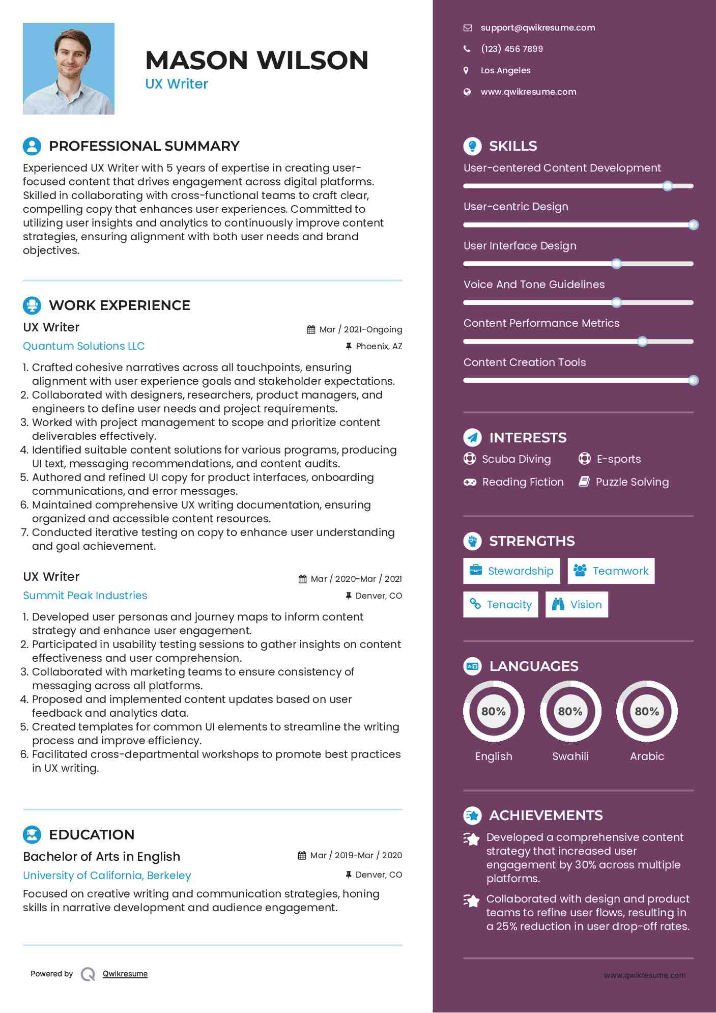 UX Writer Resume Format