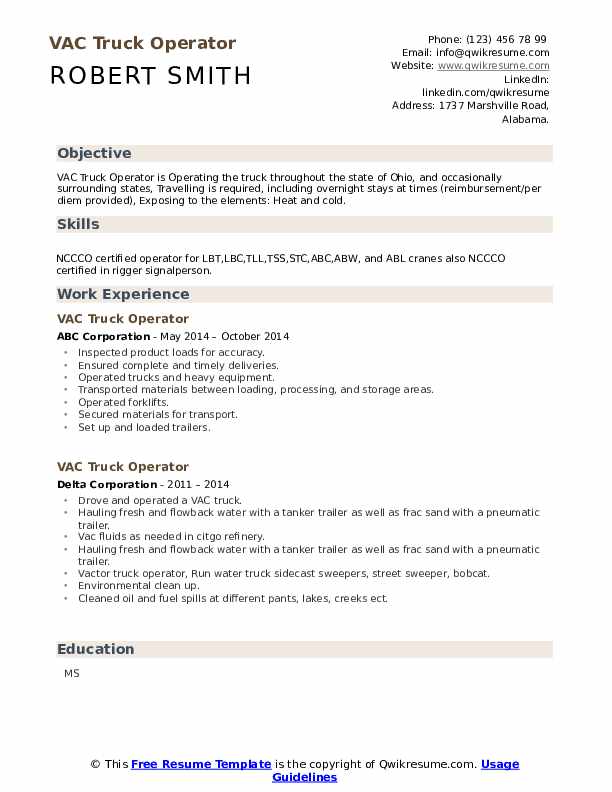 VAC Truck Operator Resume Samples QwikResume