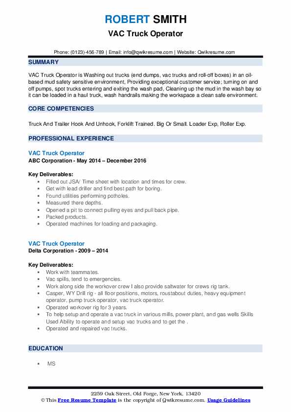 VAC Truck Operator Resume Samples QwikResume