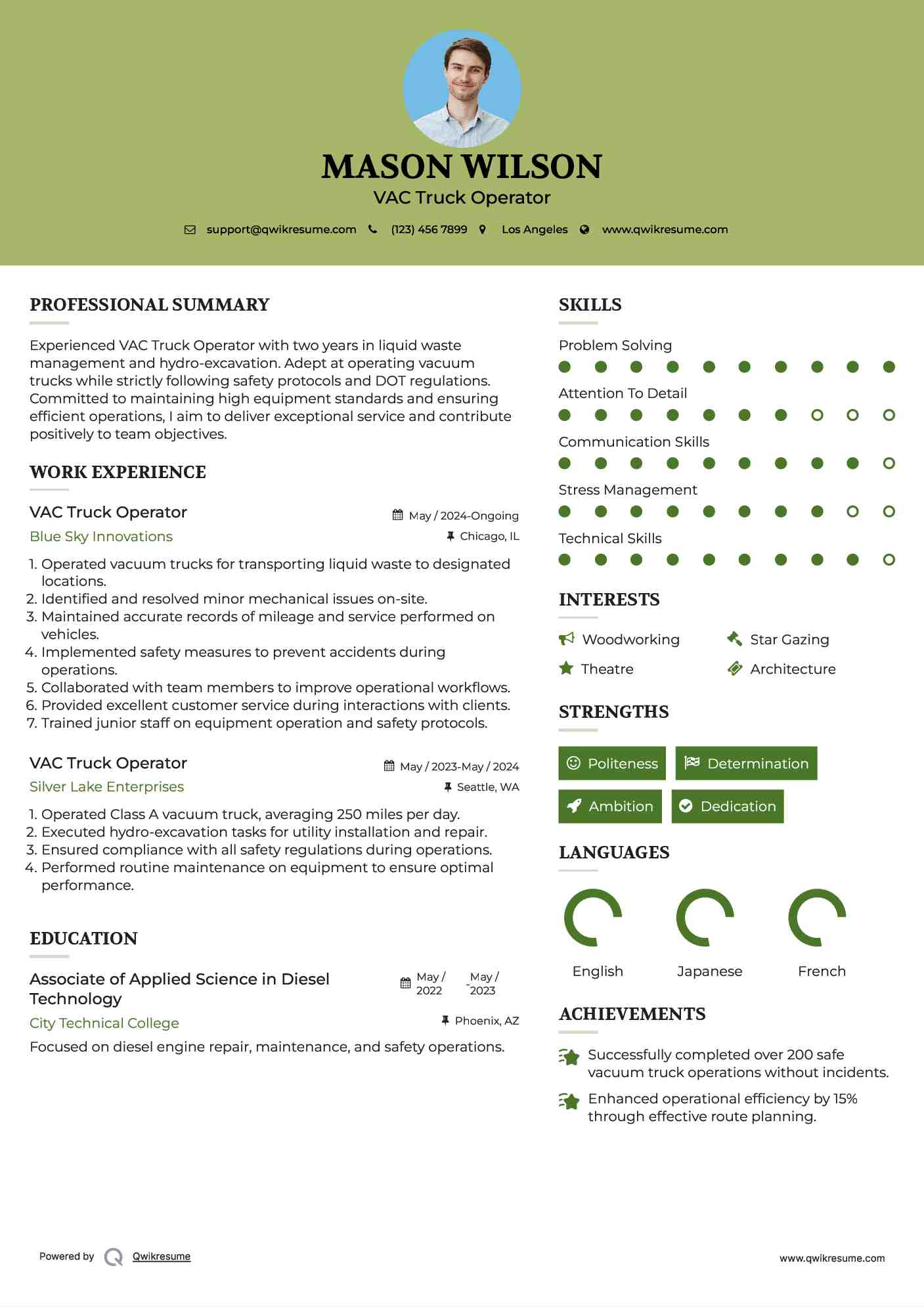 VAC Truck Operator Resume Model