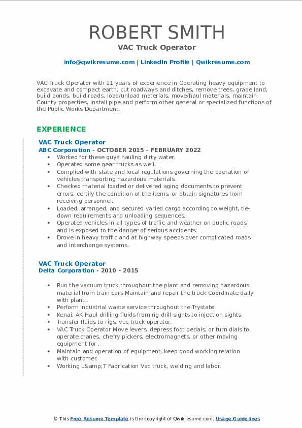 VAC Truck Operator Resume Samples QwikResume