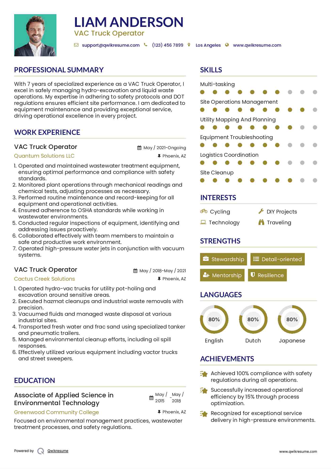 VAC Truck Operator Resume Sample