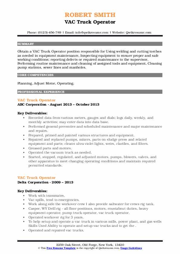 VAC Truck Operator Resume Samples QwikResume