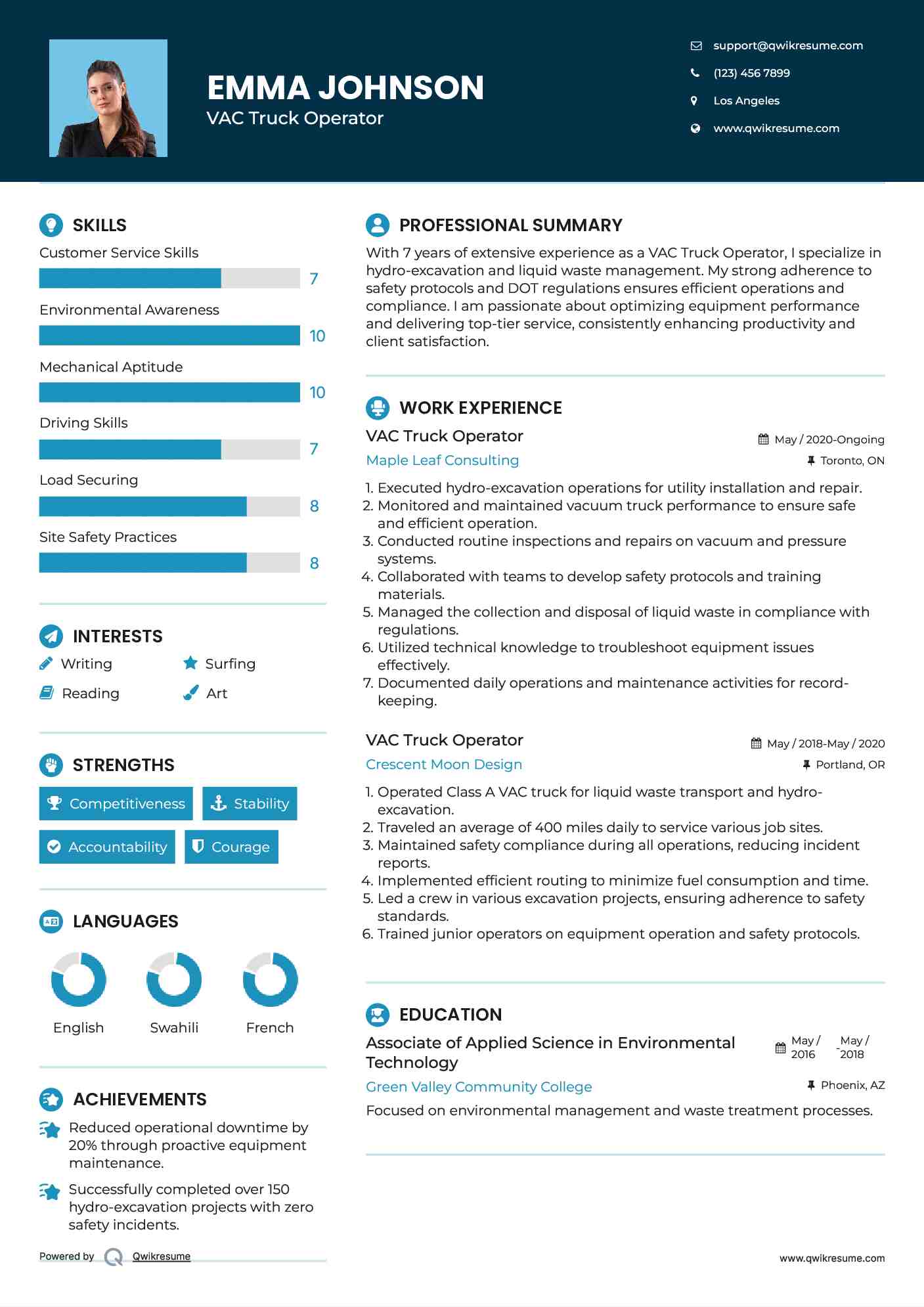 VAC Truck Operator Resume Model