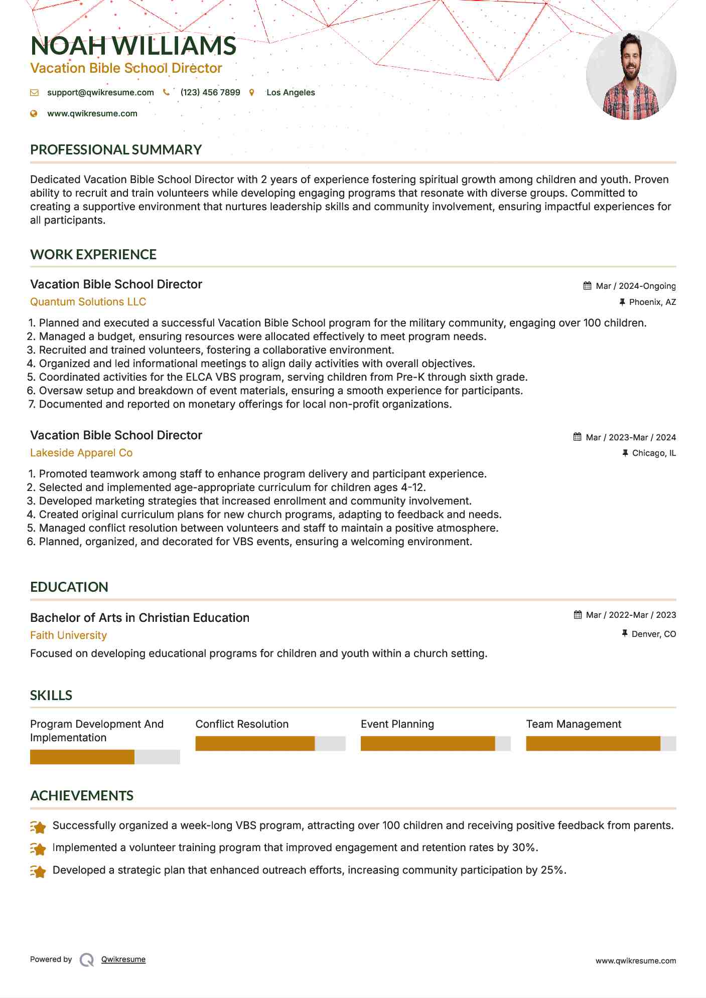 Vacation Bible School Director Resume Model