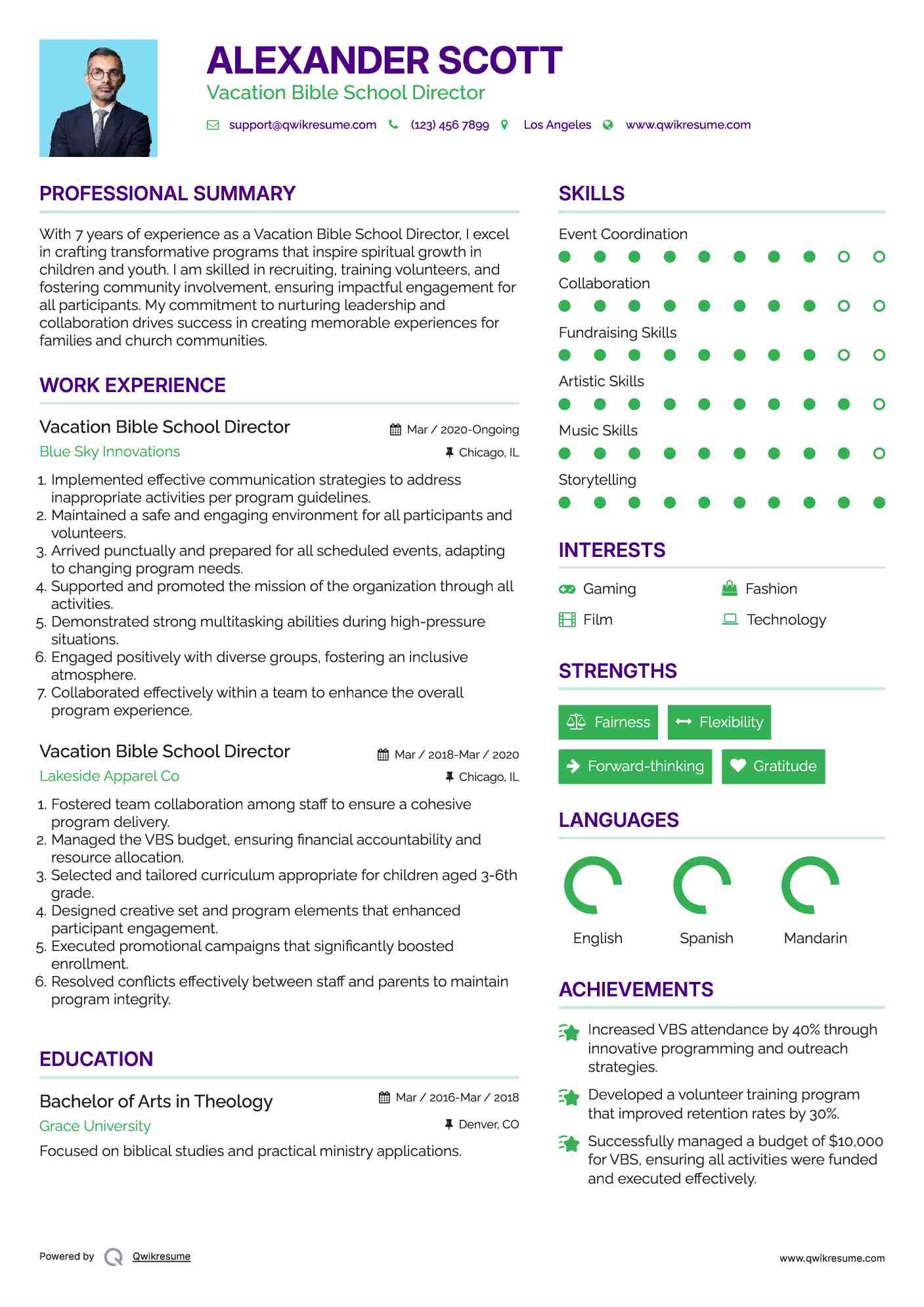 Vacation Bible School Director Resume Example