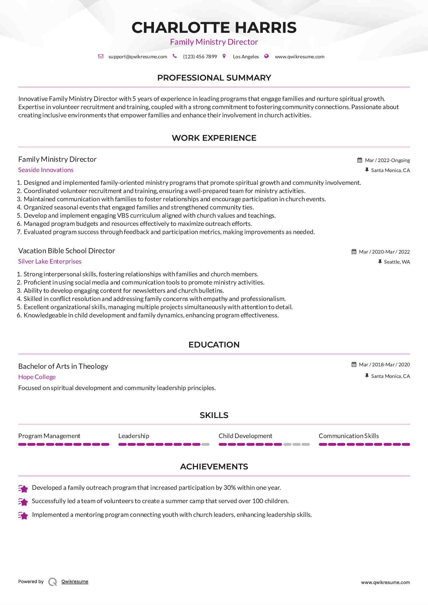 Family Ministry Director Resume Sample