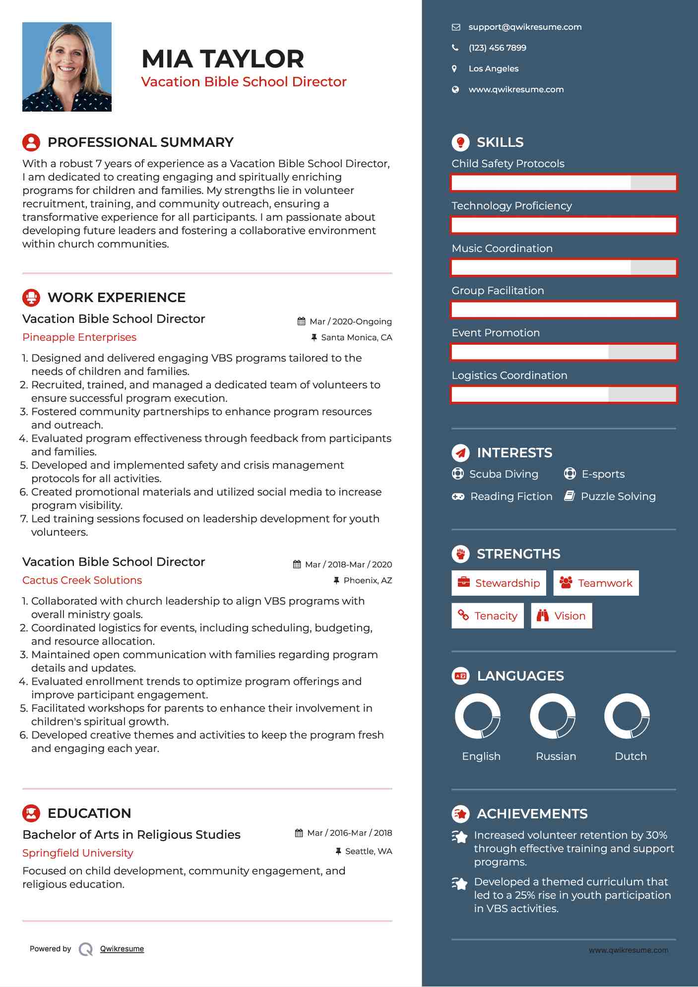 Vacation Bible School Director Resume Format