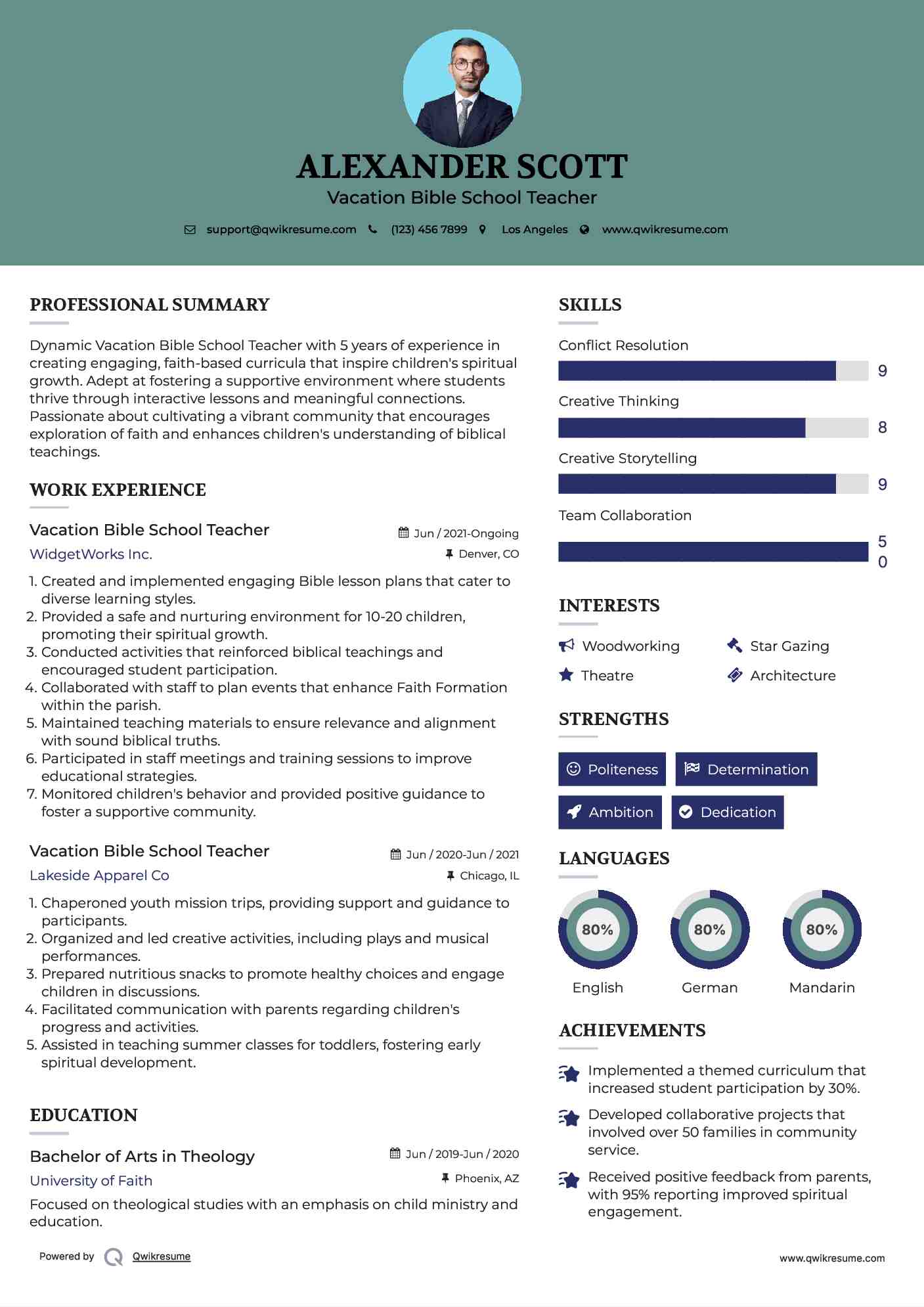 Vacation Bible School Teacher Resume Example