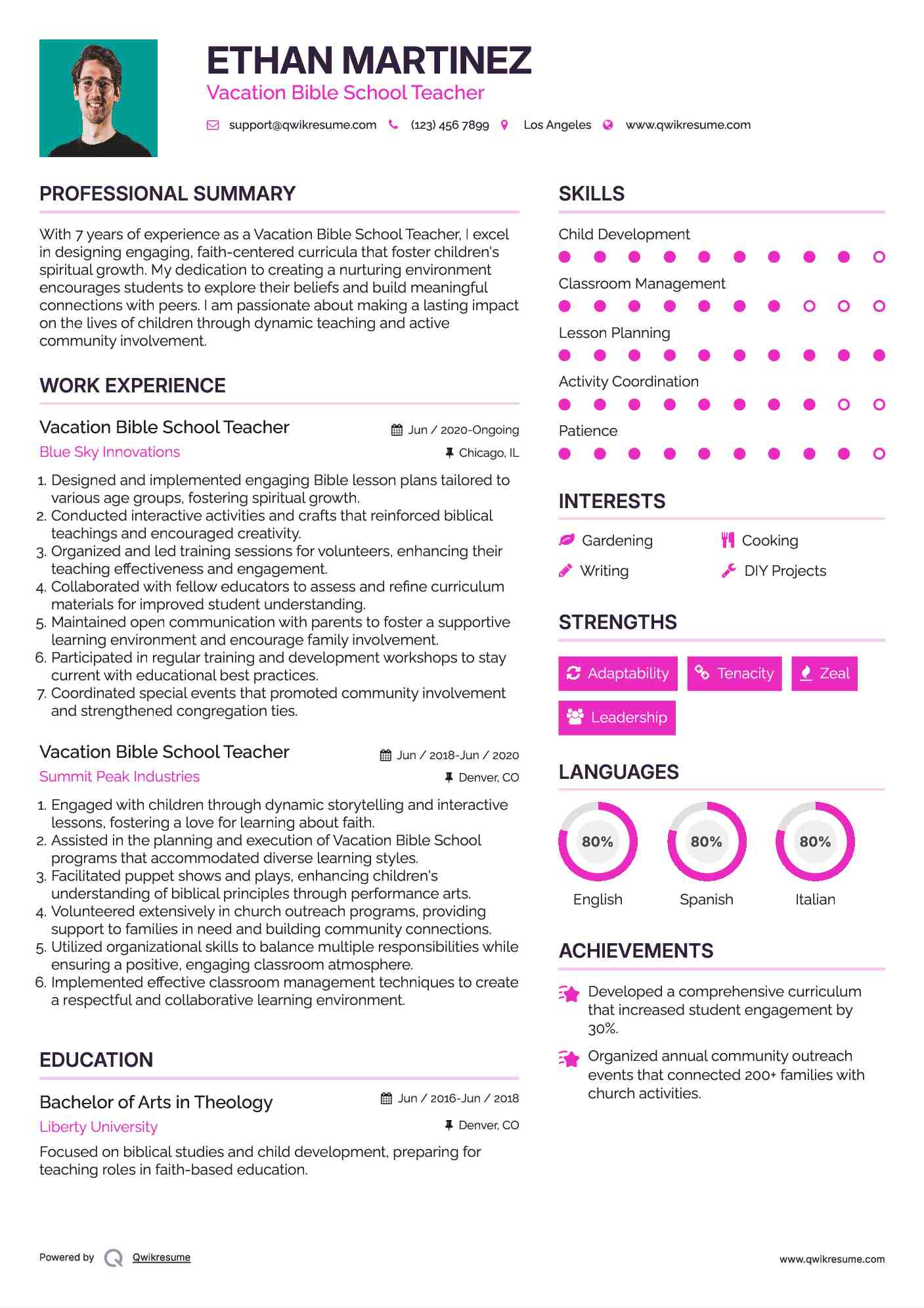 Vacation Bible School Teacher Resume Template