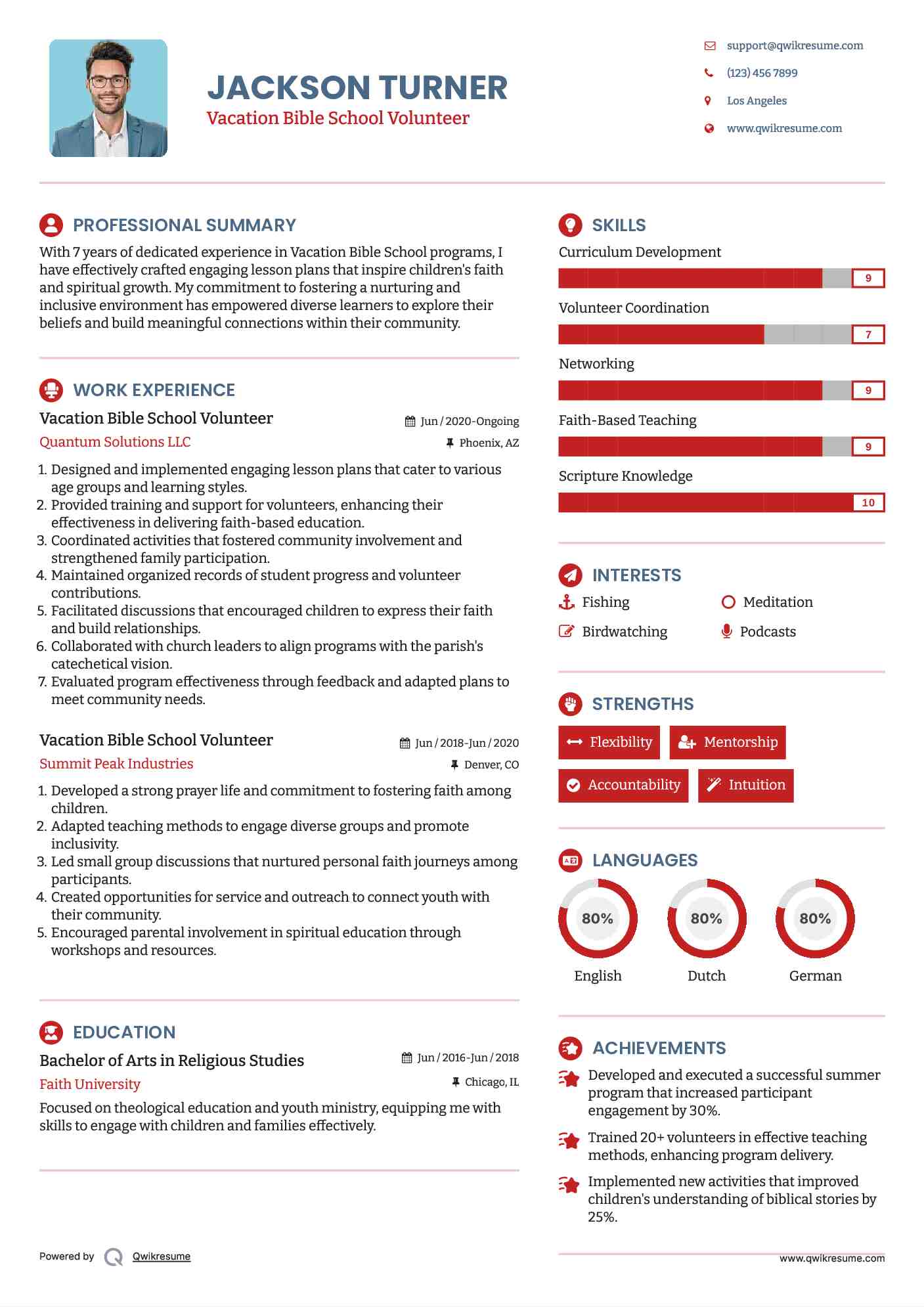 Vacation Bible School Volunteer Resume Model