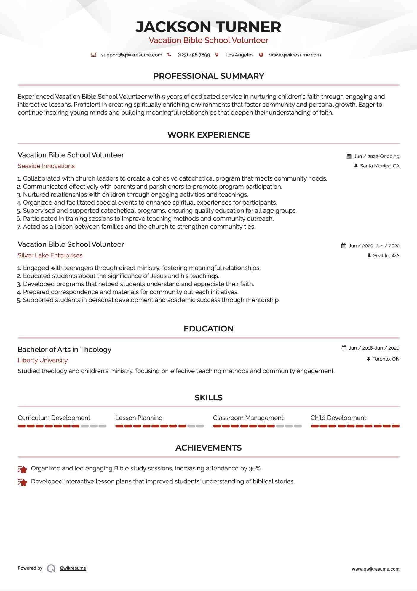 Vacation Bible School Volunteer Resume Model