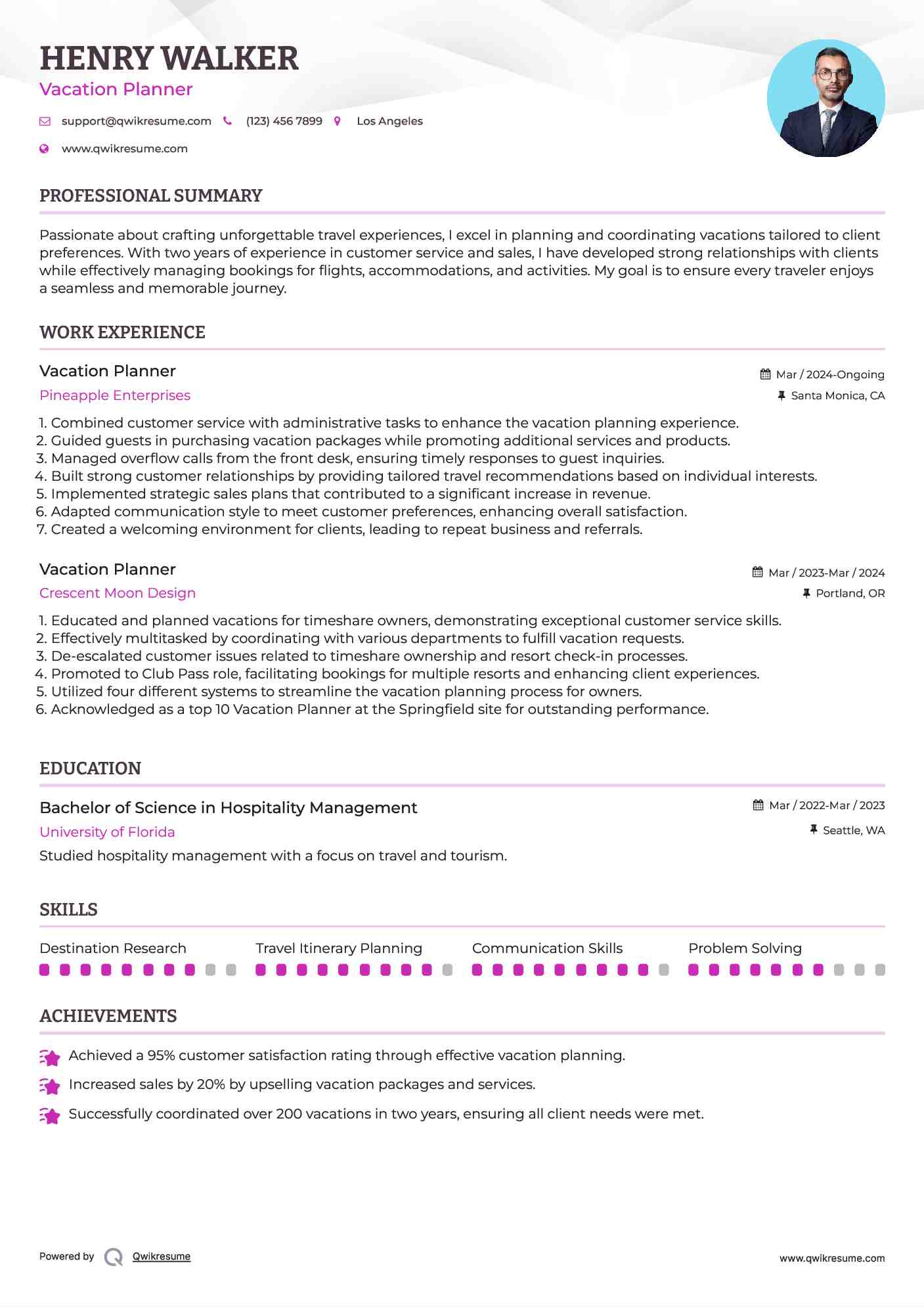Vacation Planner Resume Format
