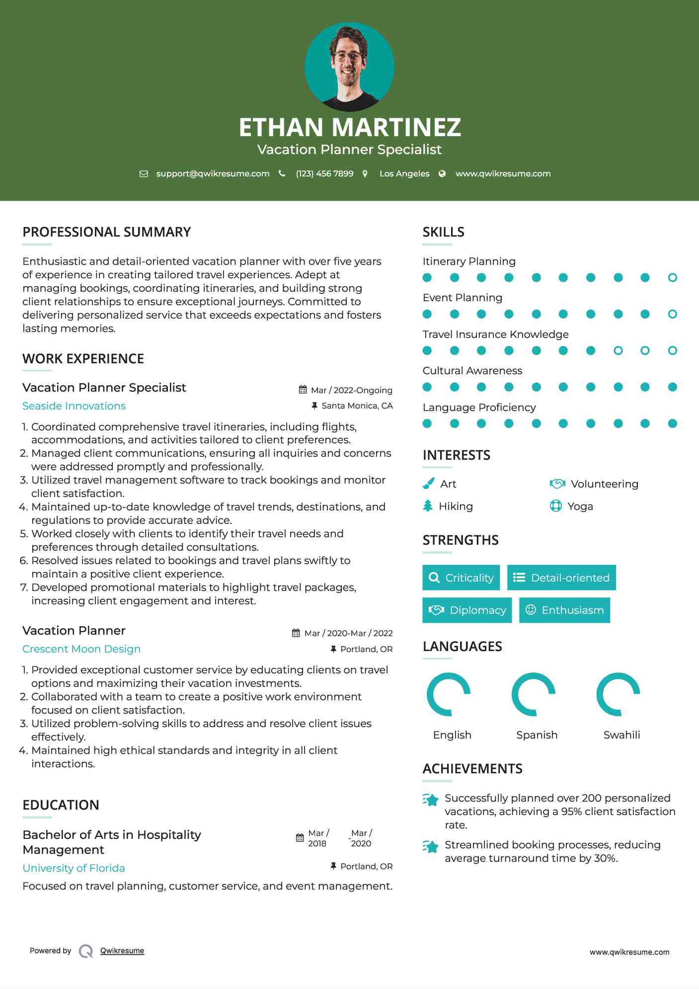 Vacation Planner Specialist Resume Format