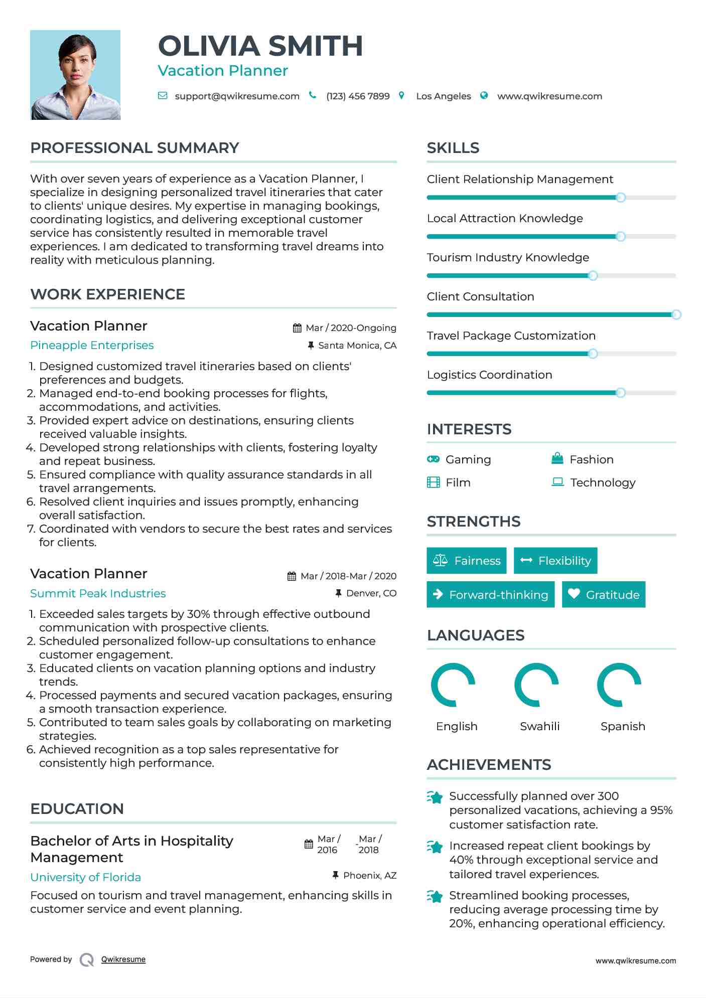 Vacation Planner Resume Example