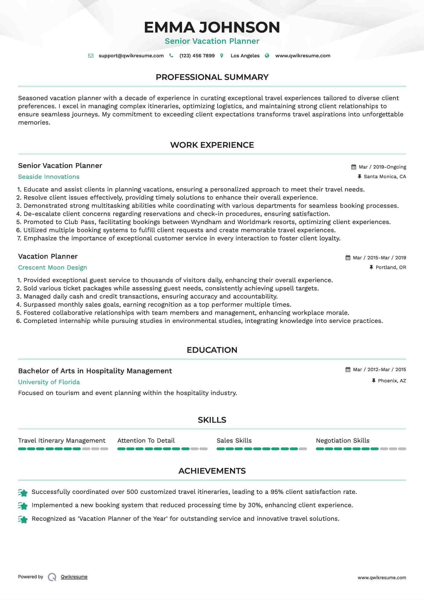 Senior Vacation Planner Resume Template