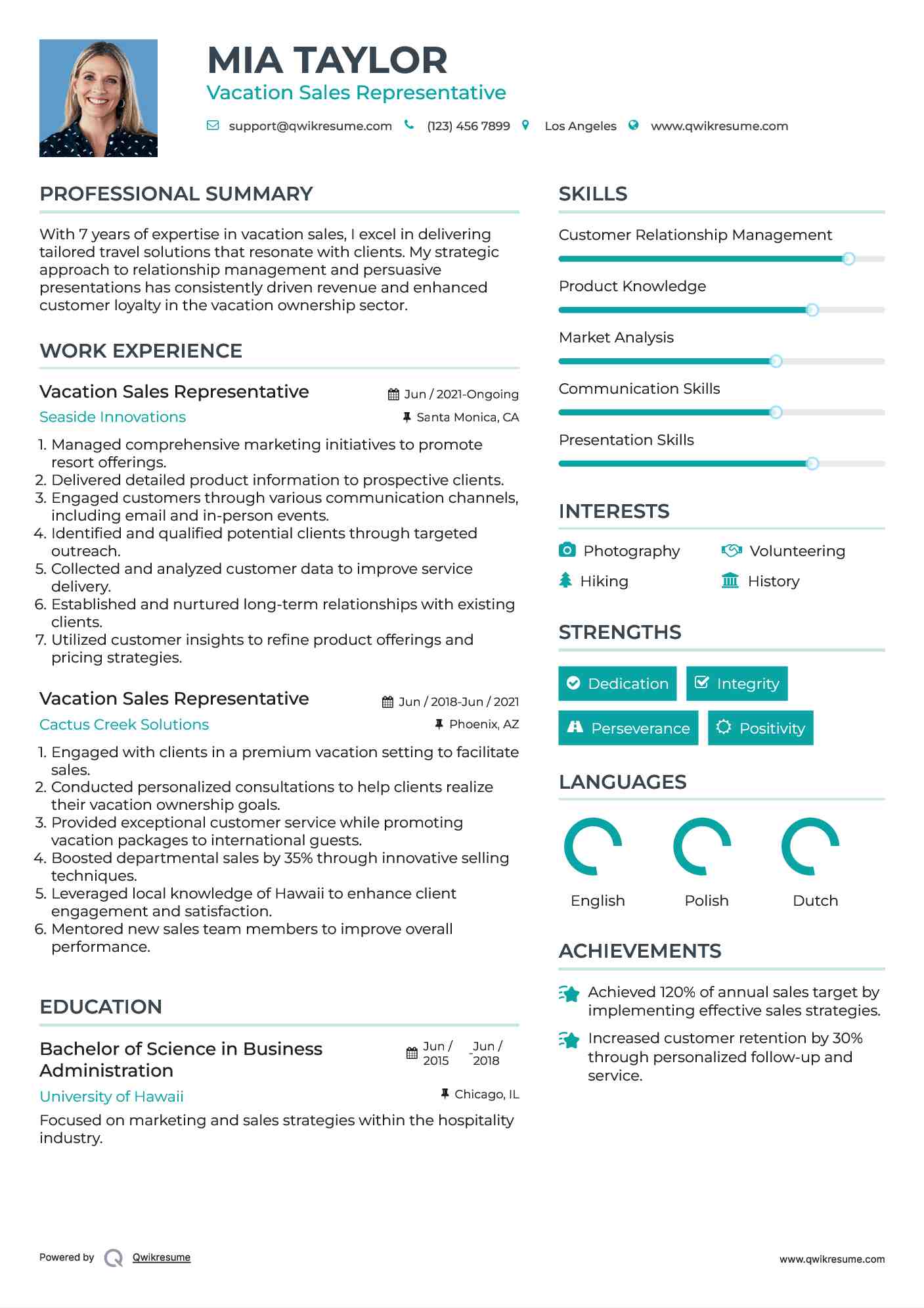 Vacation Sales Representative Resume Template
