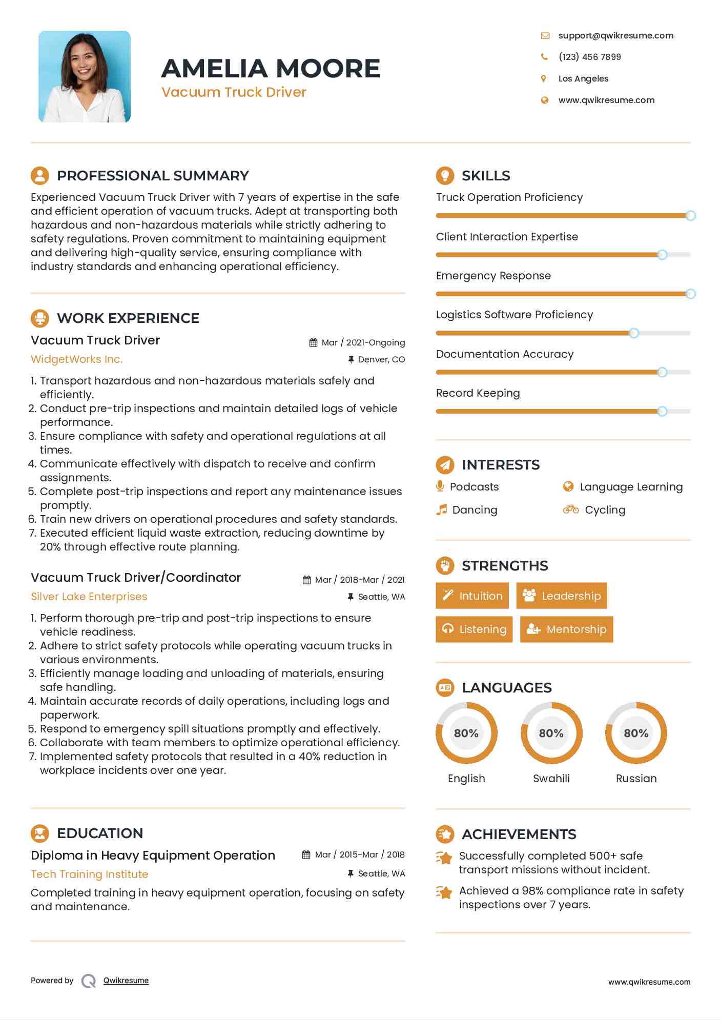 Vacuum Truck Driver Resume Samples QwikResume