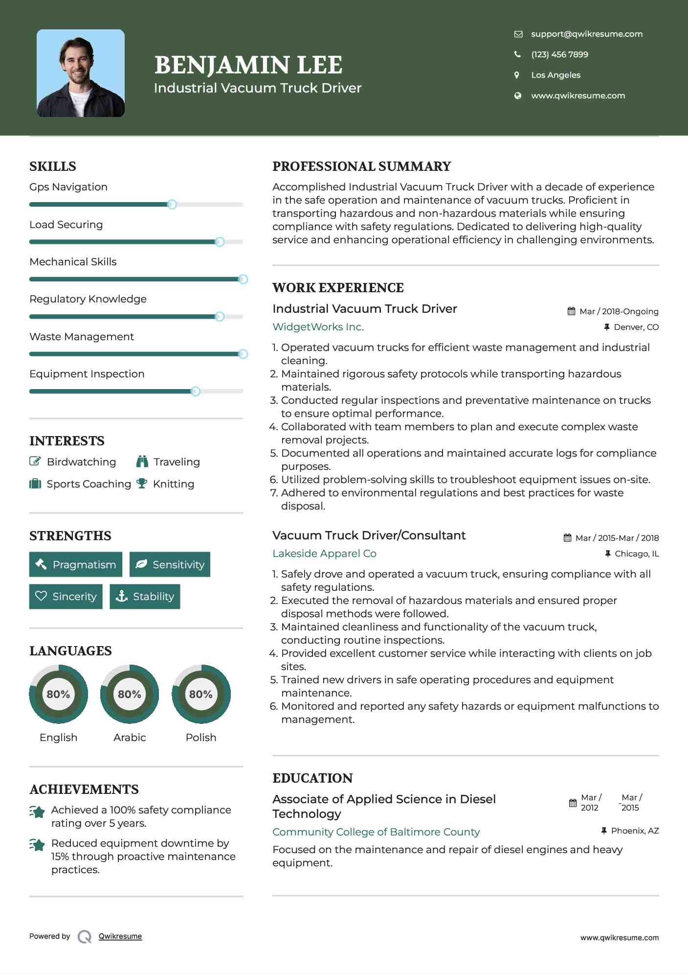Industrial Vacuum Truck Driver Resume Model