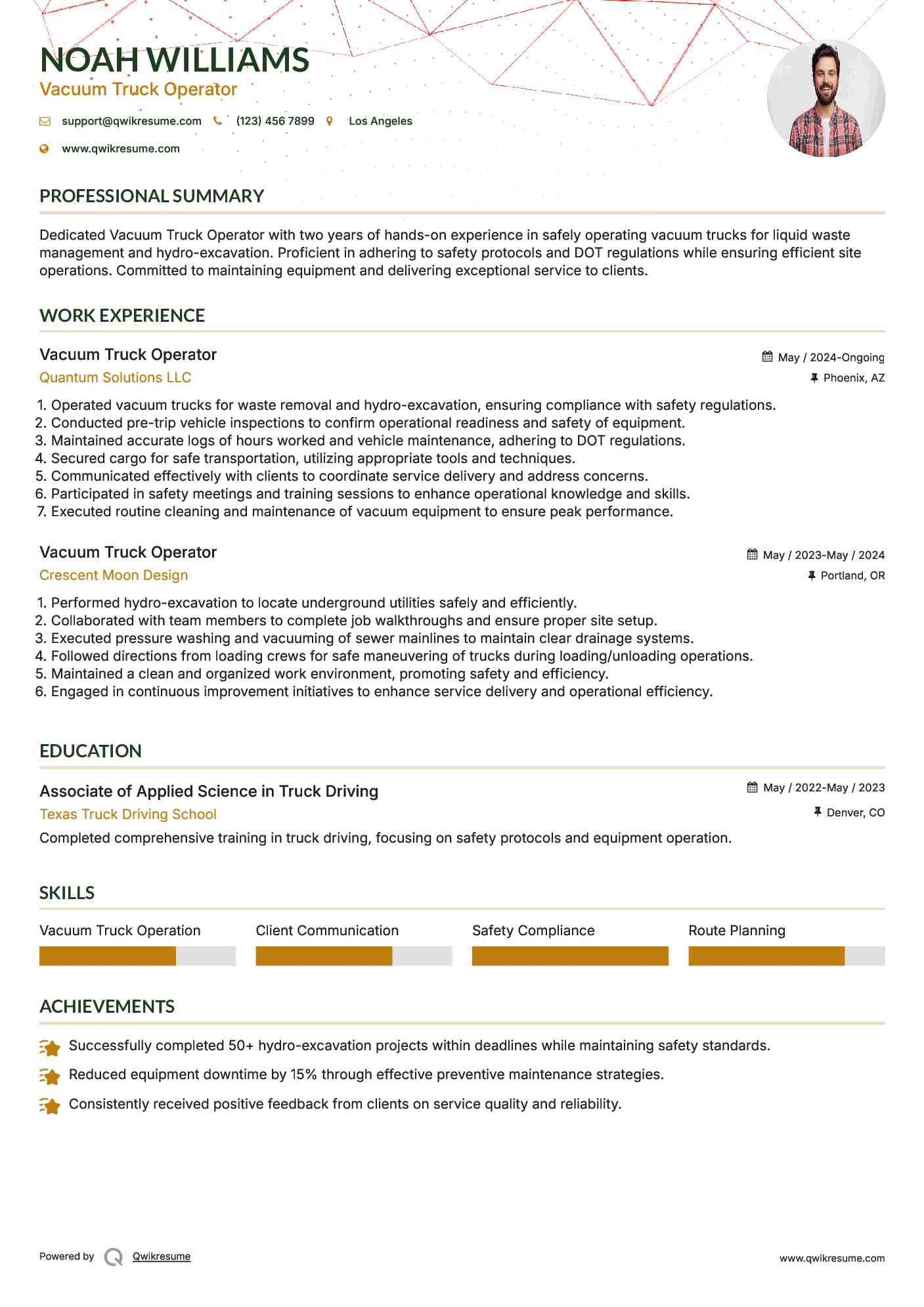 Vacuum Truck Operator Resume Samples QwikResume