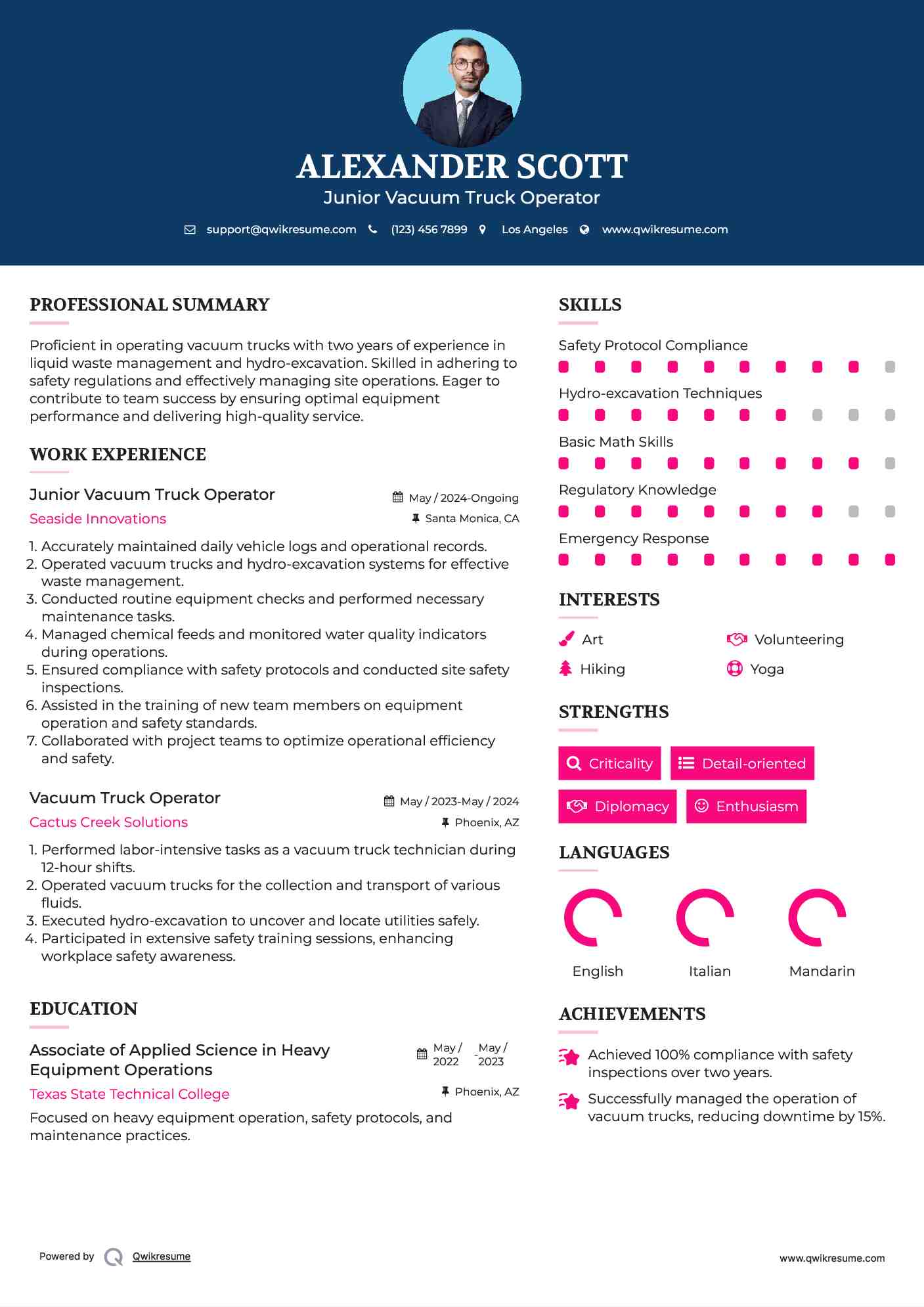 Vacuum Truck Operator Resume Samples QwikResume