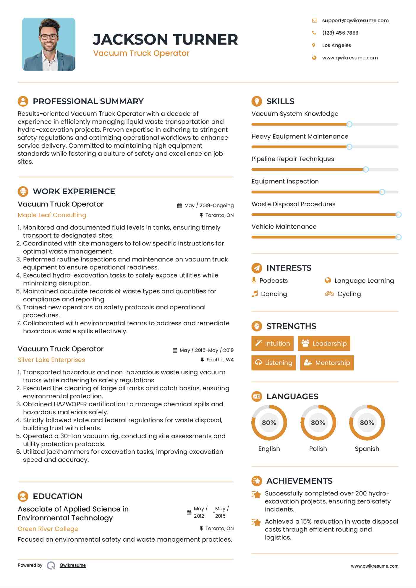 Vacuum Truck Operator Resume Samples QwikResume