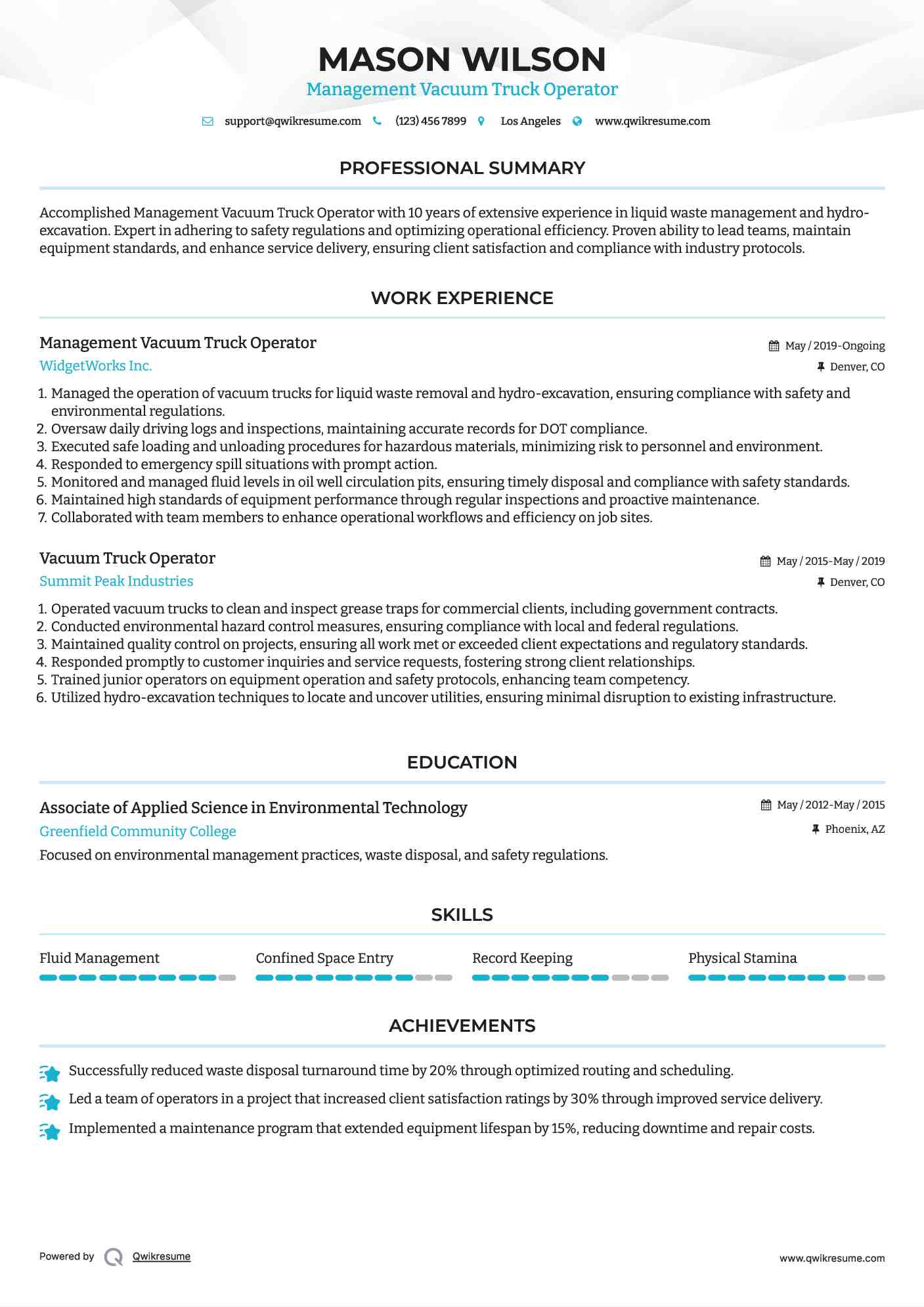 Vacuum Truck Operator Resume Samples QwikResume
