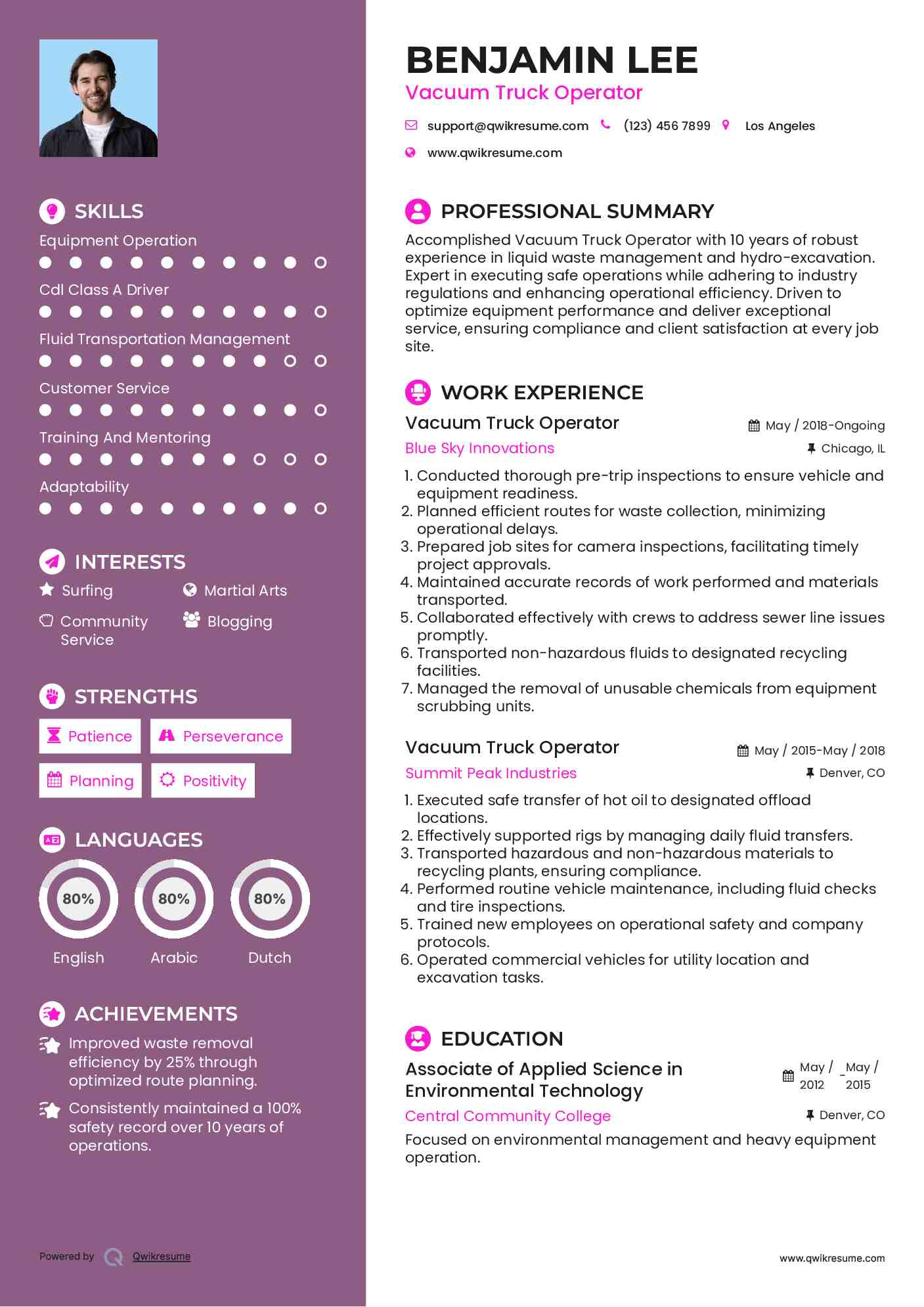 Vacuum Truck Operator Resume Samples QwikResume