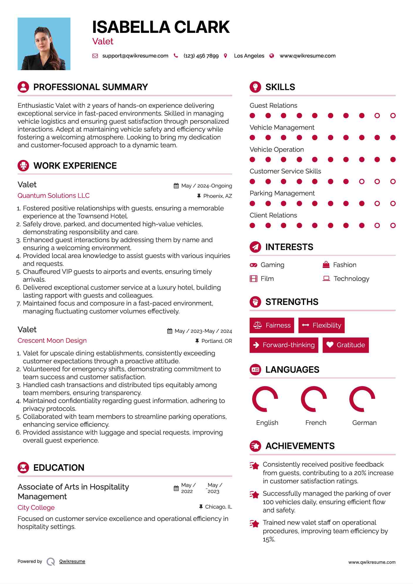 Valet Resume Samples QwikResume