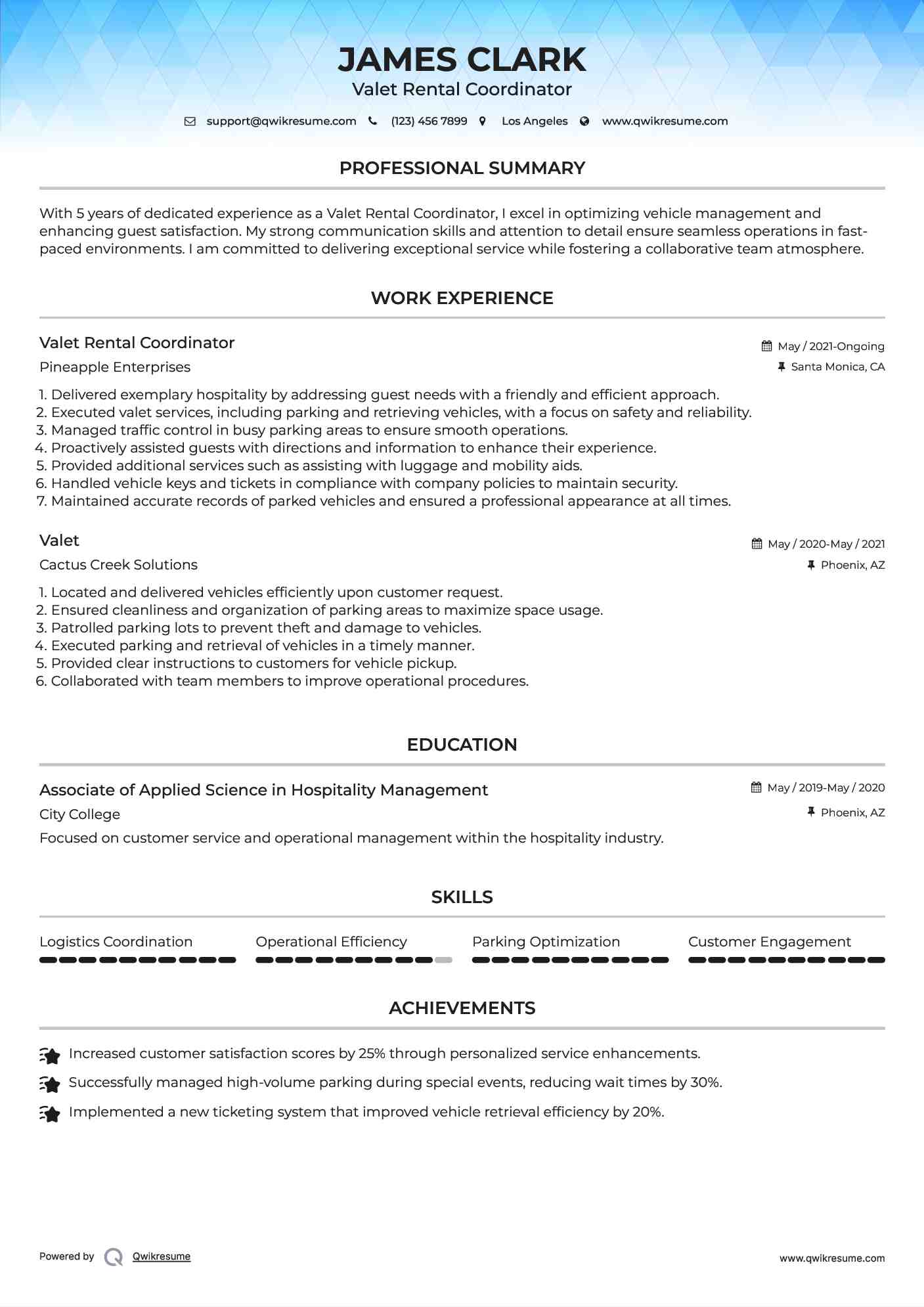 Valet Rental Coordinator Resume Sample