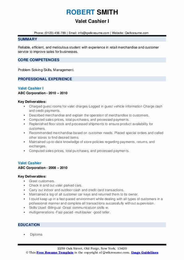 Valet Cashier Resume Samples QwikResume