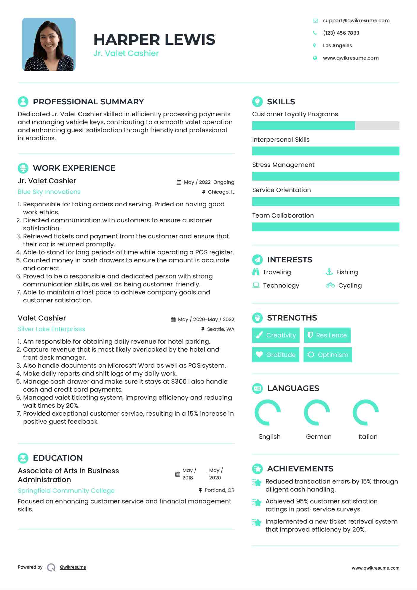 Jr. Valet Cashier Resume Example