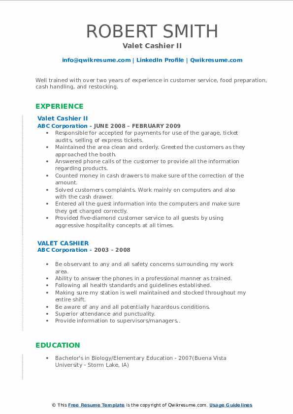 Valet Cashier Resume Samples QwikResume