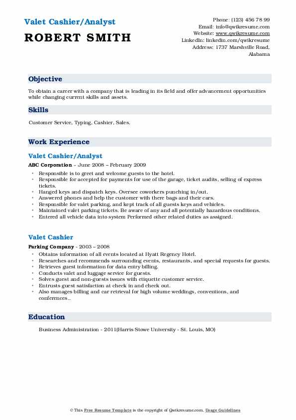 Valet Cashier Resume Samples QwikResume