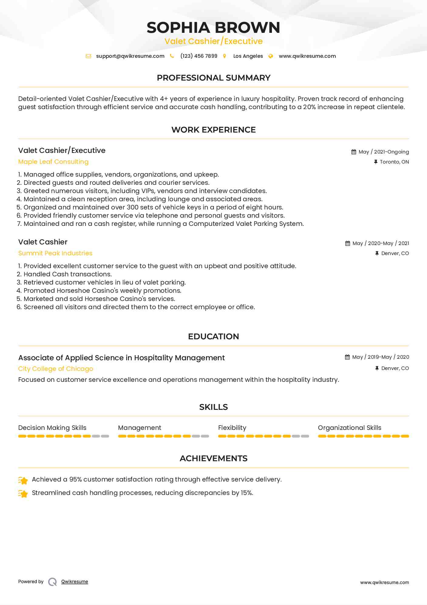 Valet Cashier/Executive Resume Template