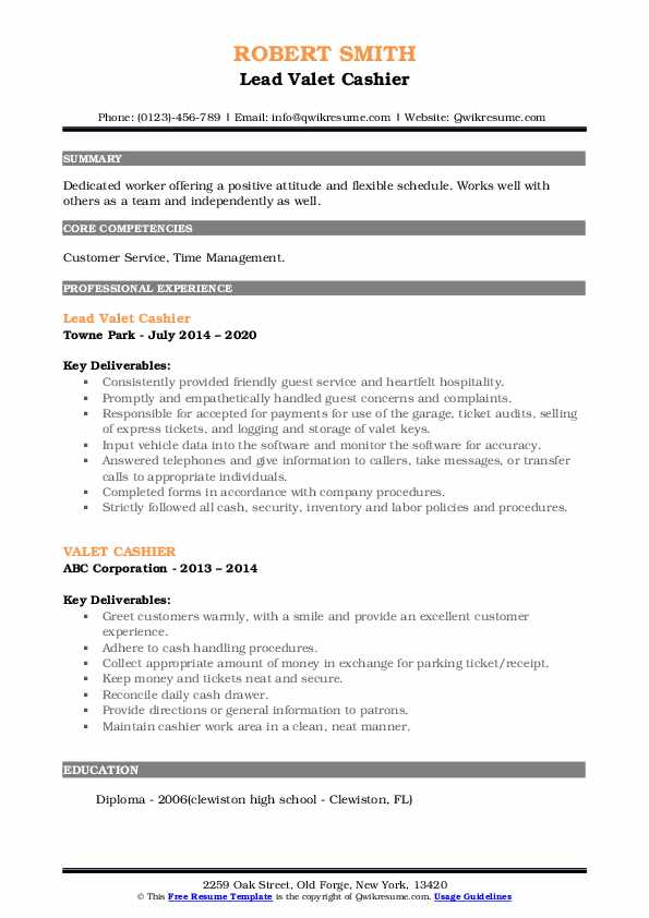 Valet Cashier Resume Samples QwikResume