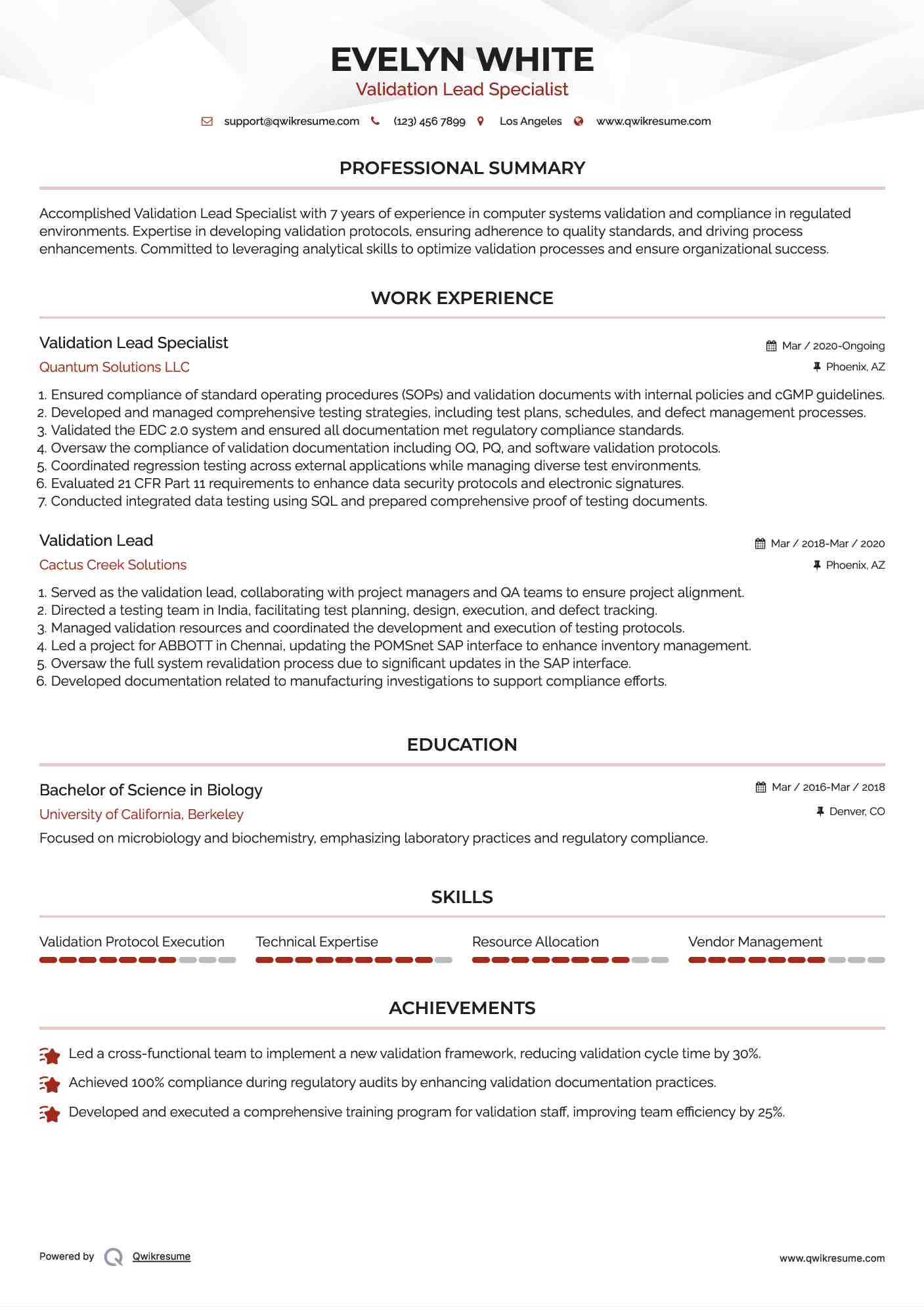 Validation Lead Specialist Resume Example