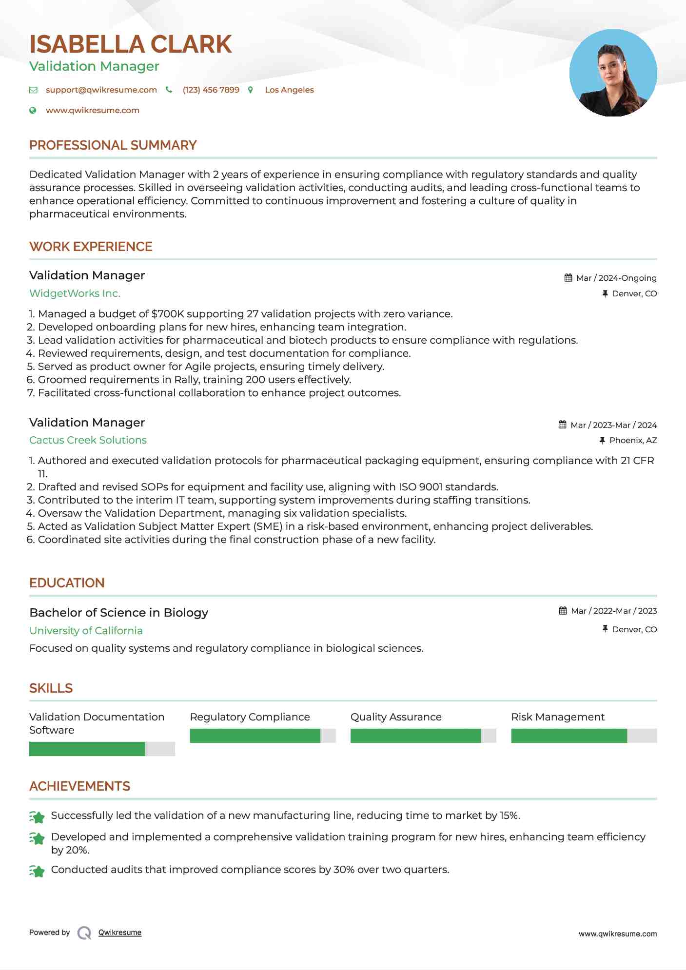 Validation Manager Resume Format