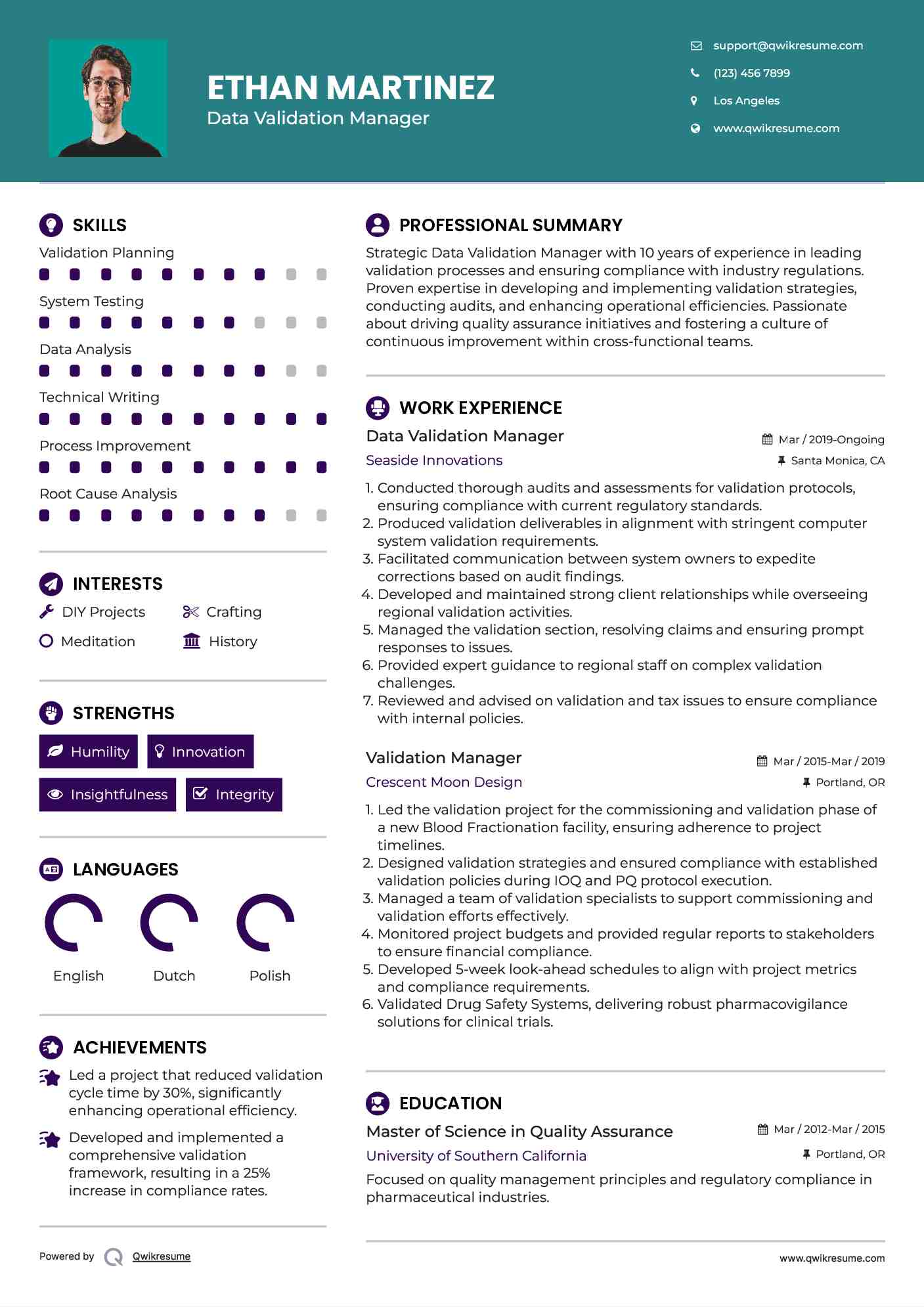 Data Validation Manager
 Resume Example