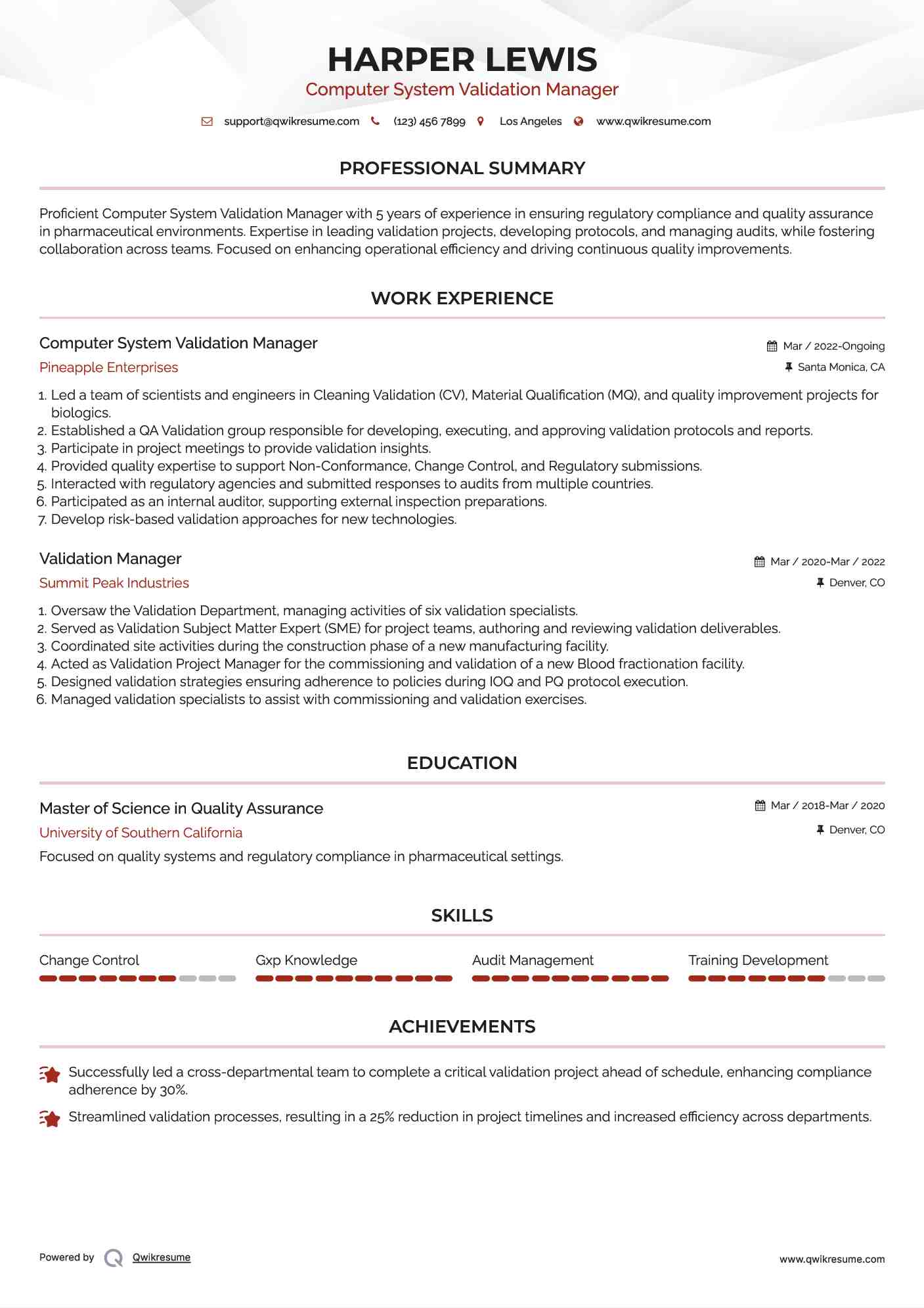 Computer System Validation Manager
 Resume Template