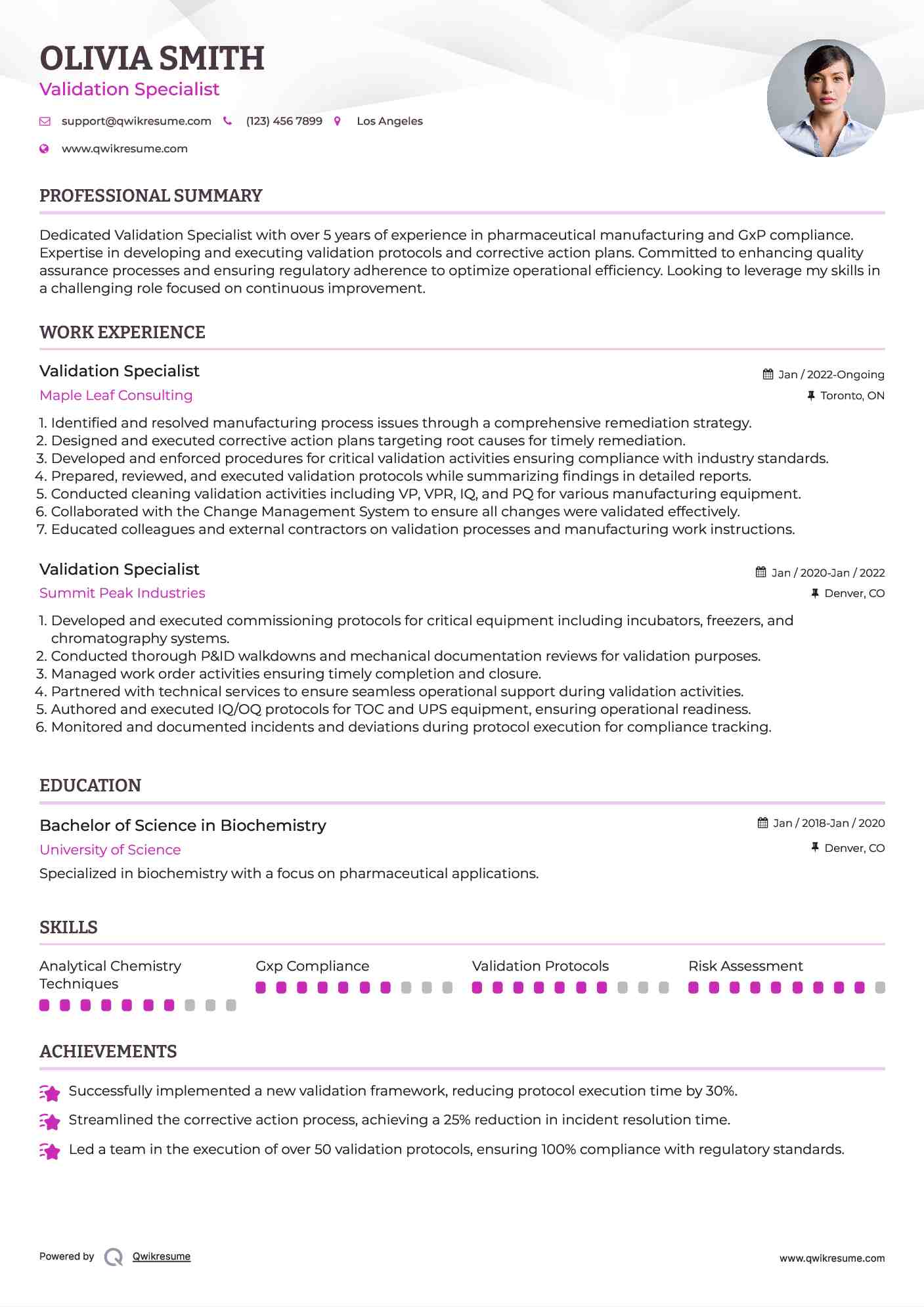 Validation Specialist Resume Samples QwikResume