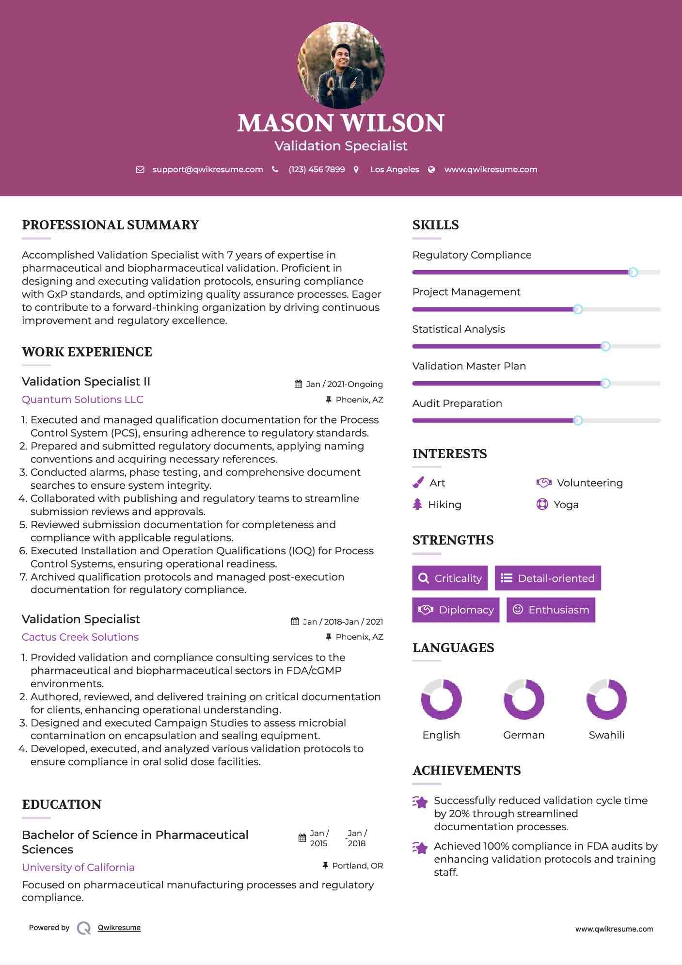 Validation Specialist II Resume Format