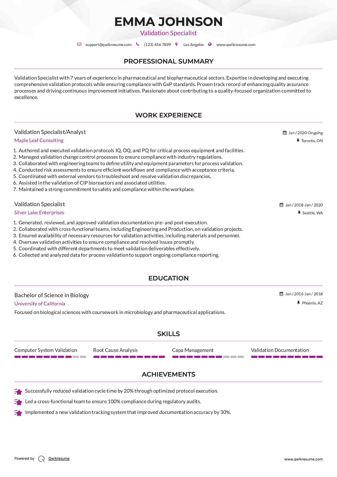 Validation Specialist/Analyst Resume Example