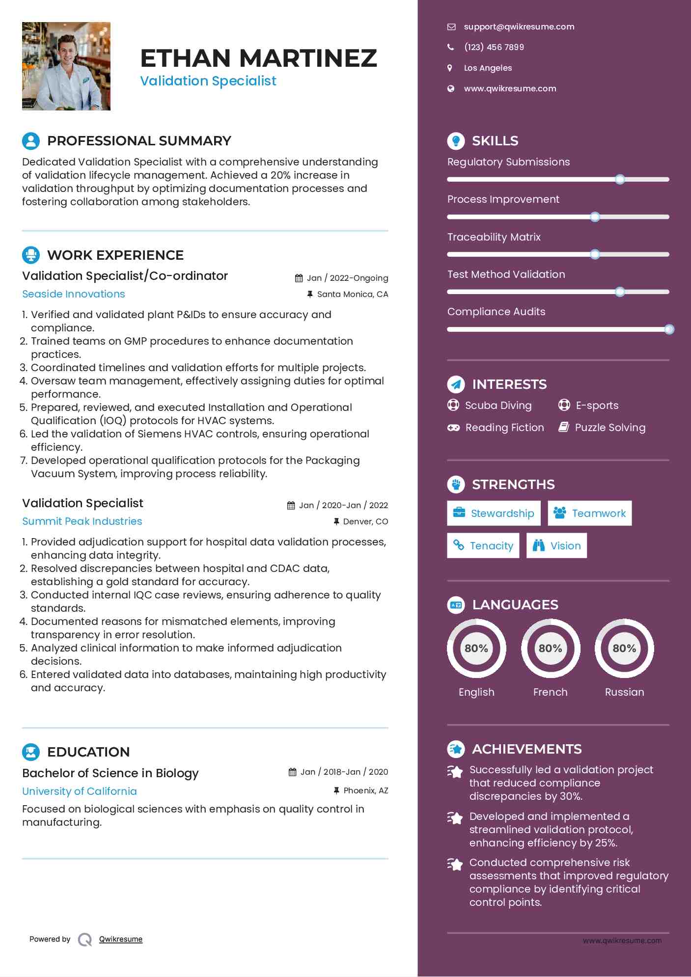 Validation Specialist Resume Samples QwikResume