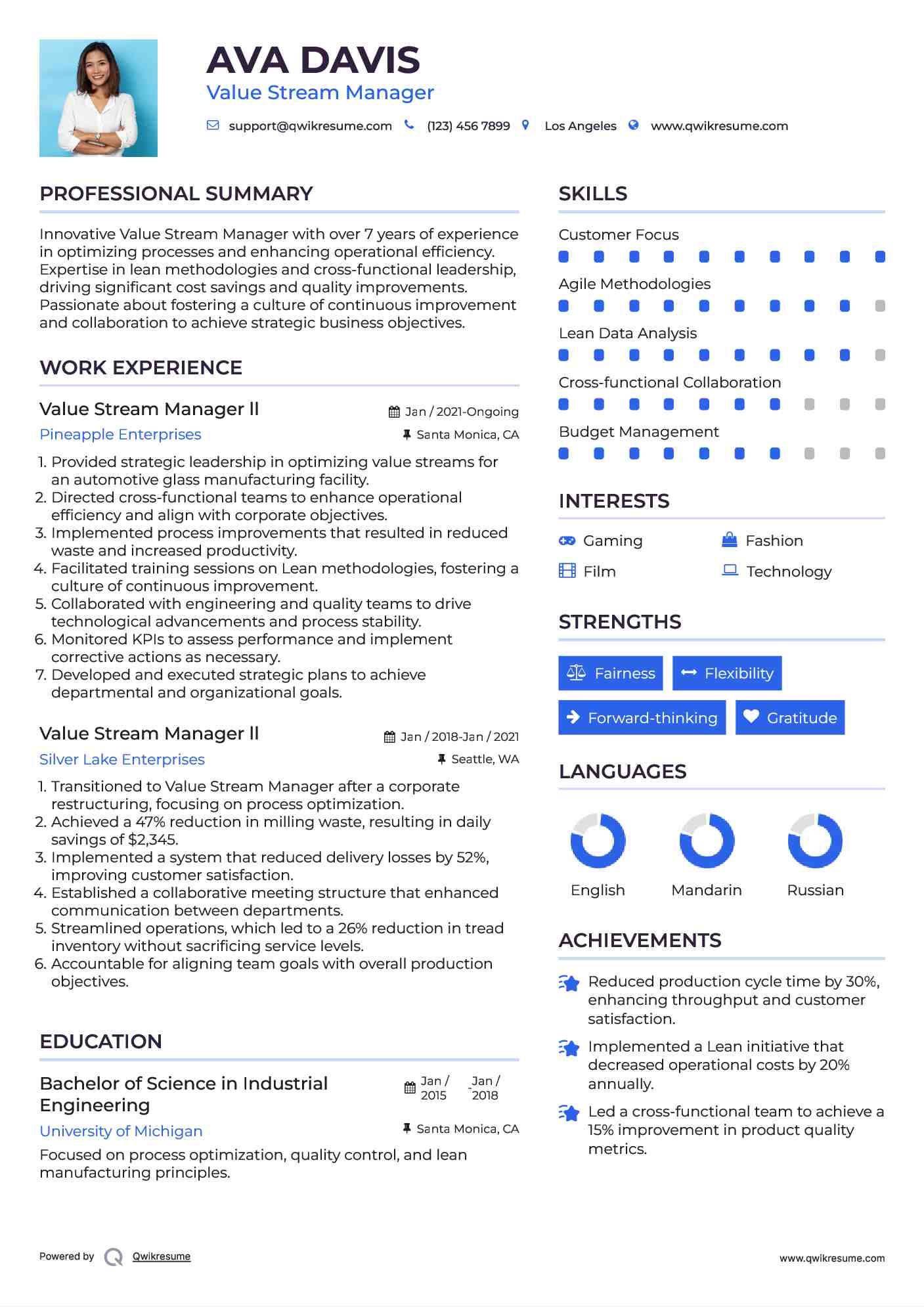 Value Stream Manager ll Resume Example